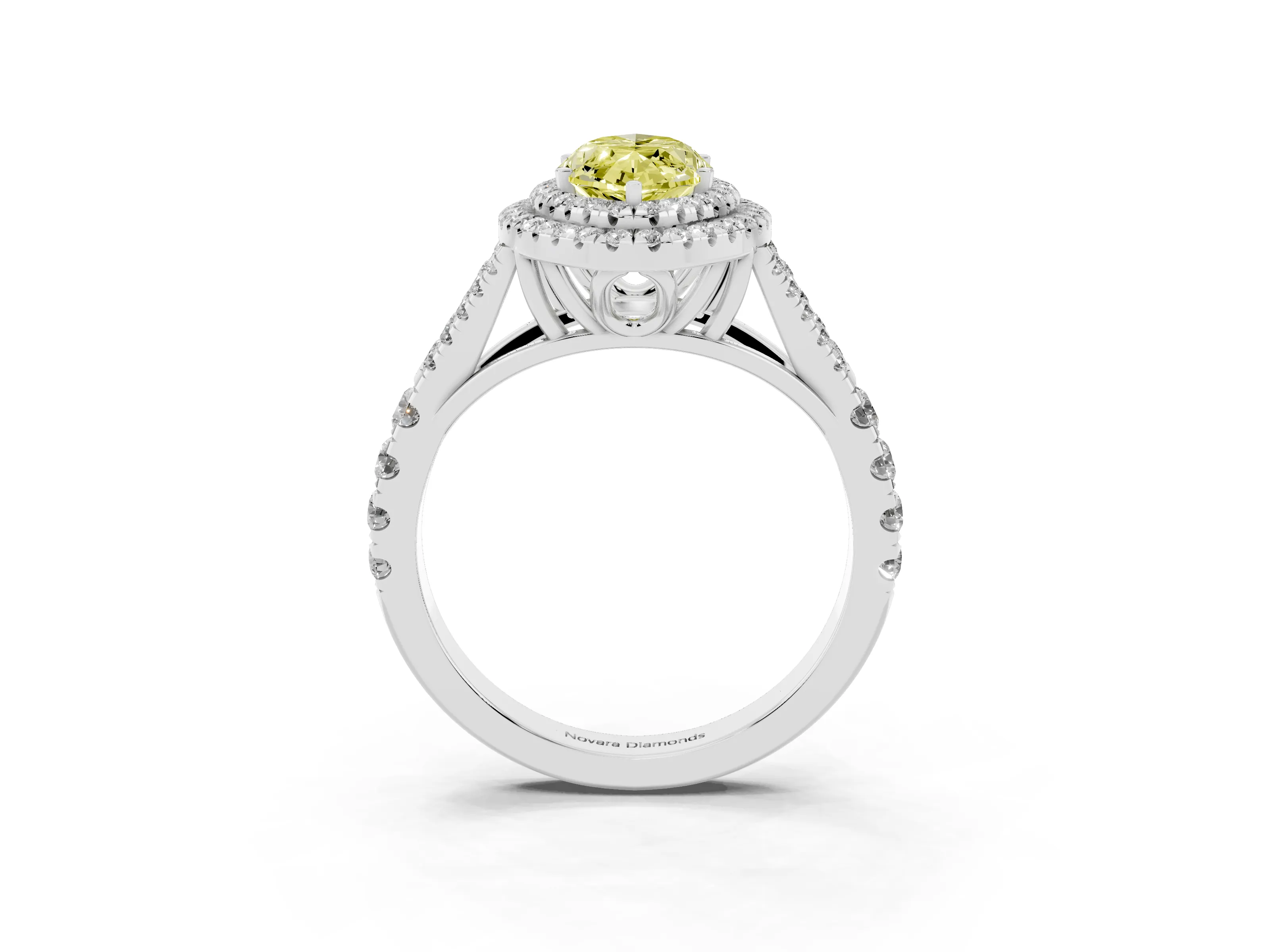 Fancy Yellow Marquise Cut Diamond Pavé Split Shank Double Halo Engagement Ring Set in Silver
