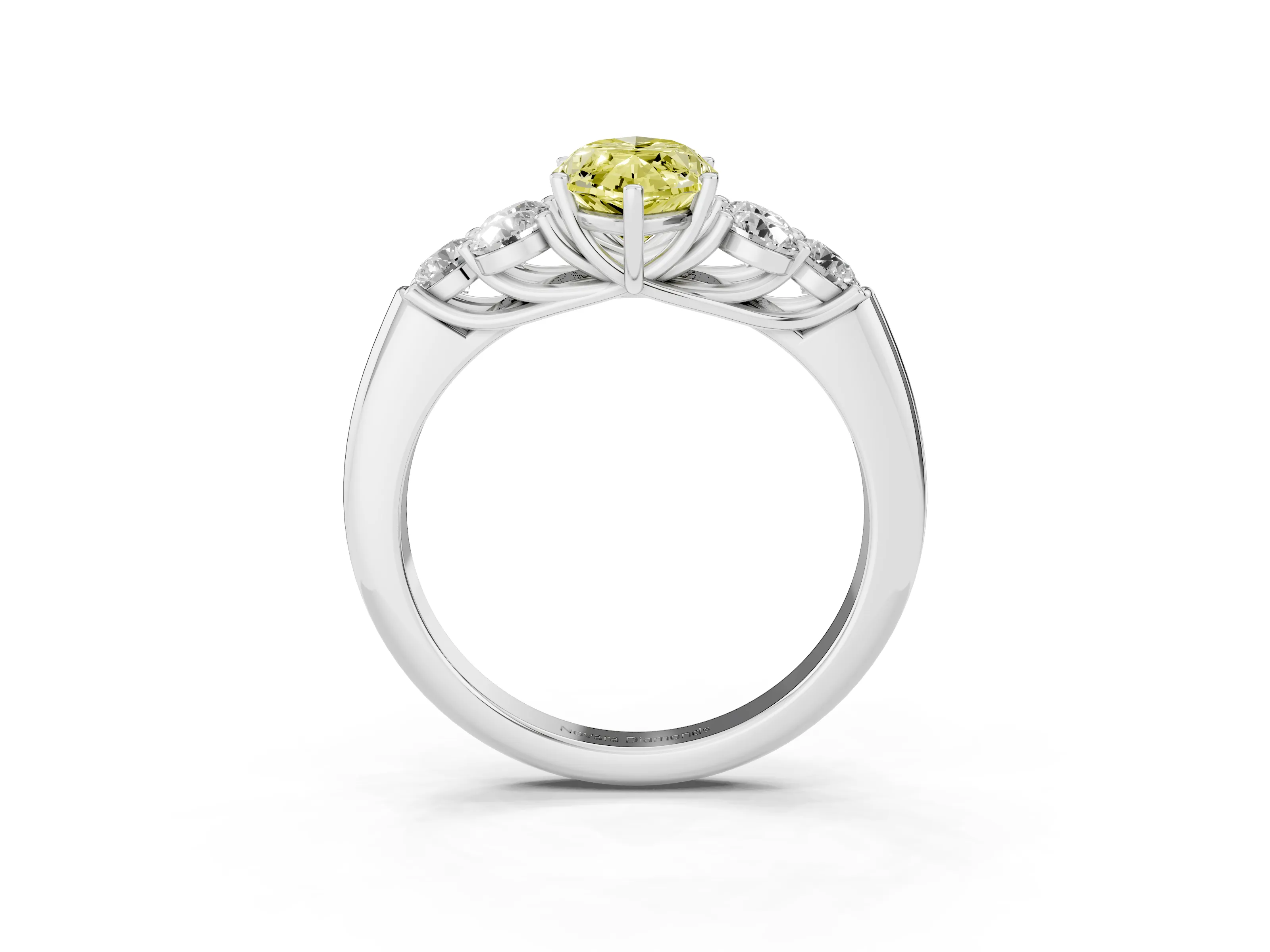 Fancy Yellow Marquise Cut Diamond Cluster Ring Set in Platinum with Round Accent Stones and Prong Setting on a Plain Band