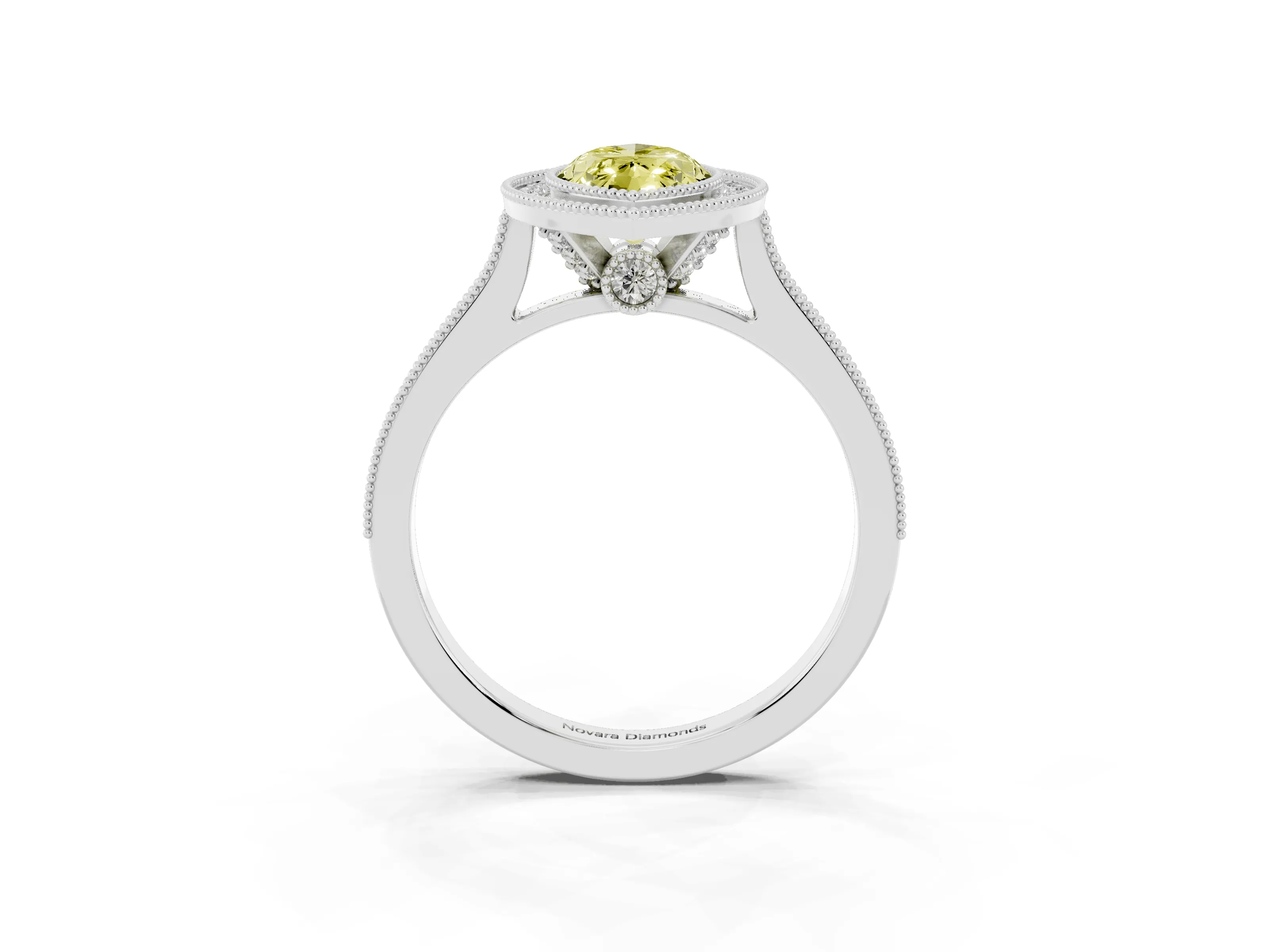 Fancy Yellow Marquise Cut Diamond Halo Milgrain Pavé Band Ring Set in Platinum with Prong Setting