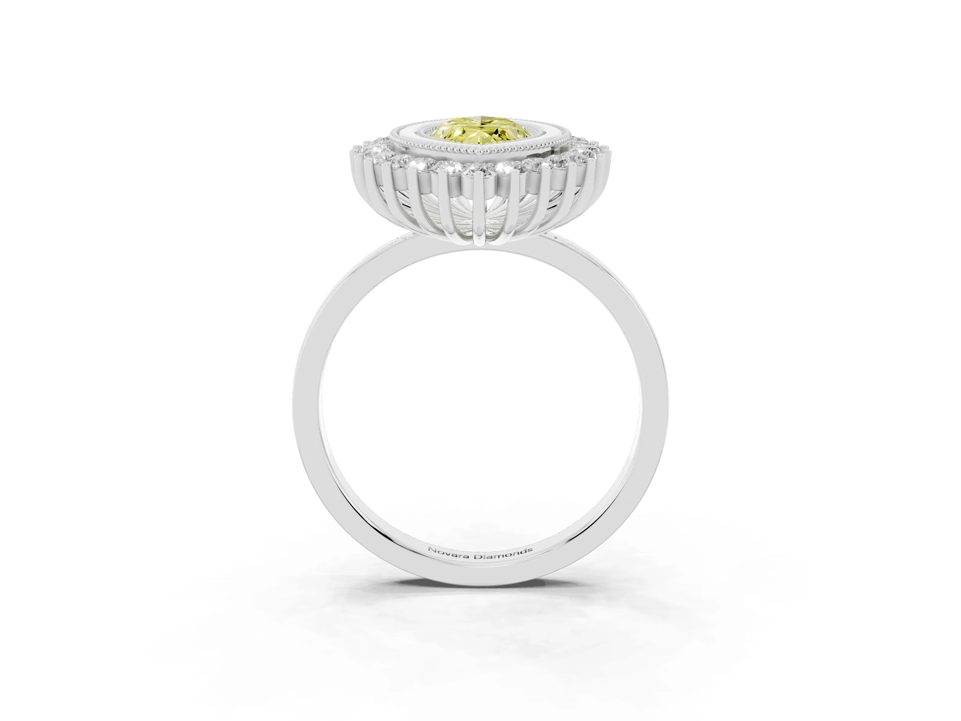 Fancy Yellow Marquise Cut Diamond Halo Ring Set in Platinum with Milgrain Edge and Round Prong Setting