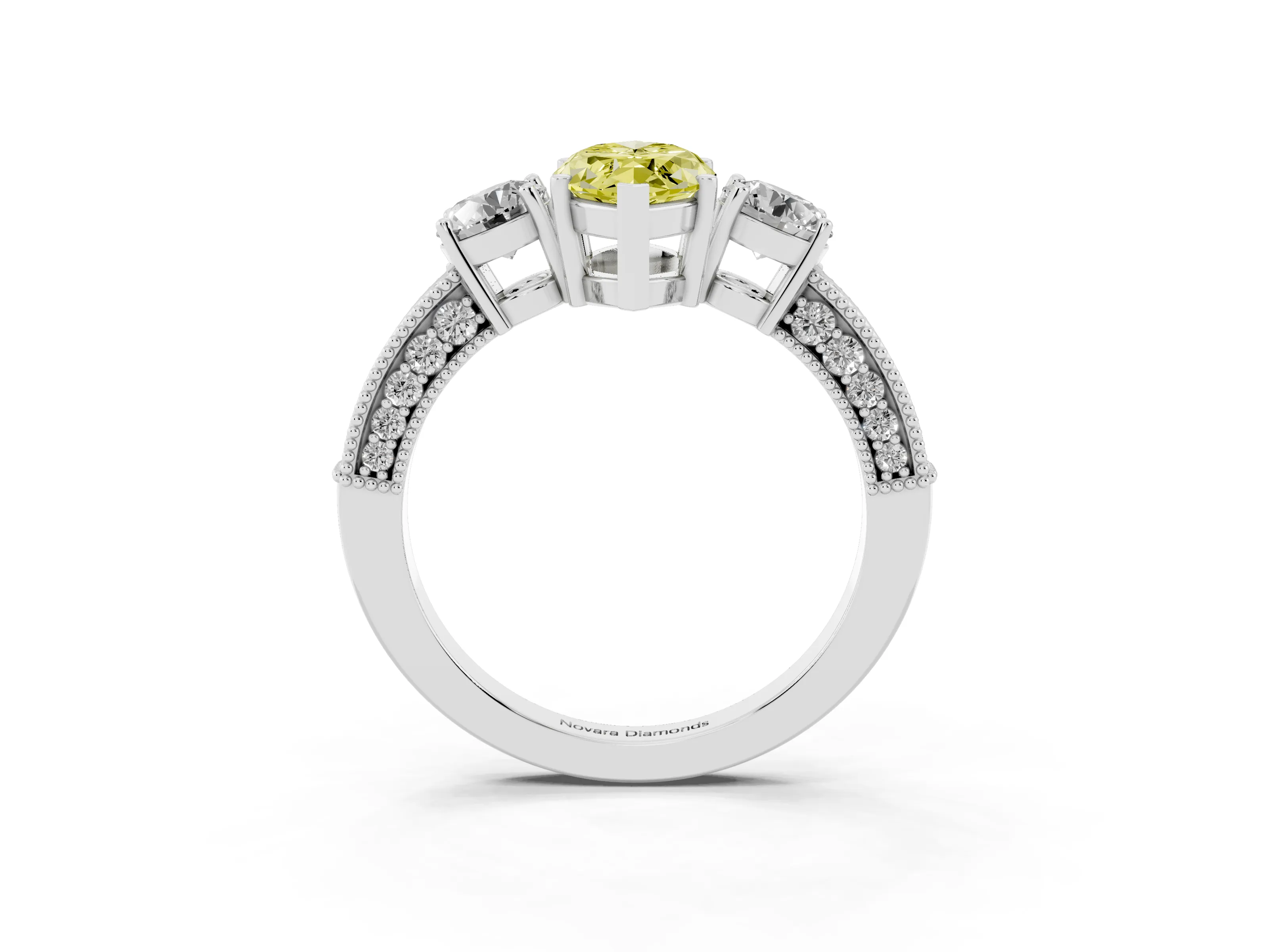 Fancy Yellow Marquise Cut Diamond Three-Stone Ring Set in White gold with Round Side Stones and Pavé Band