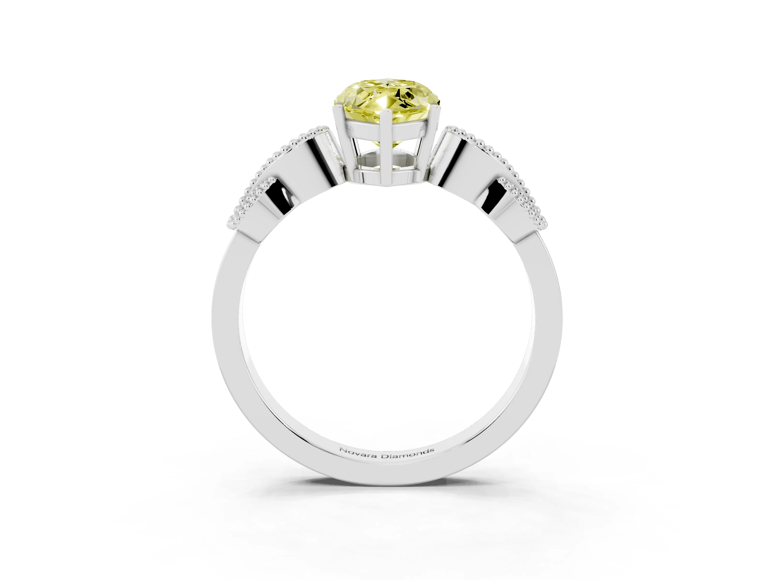 Fancy Yellow Marquise Cut Diamond Milgrain Leaf Band Solitaire Ring Set in White gold with Accent Stones and Prong Setting