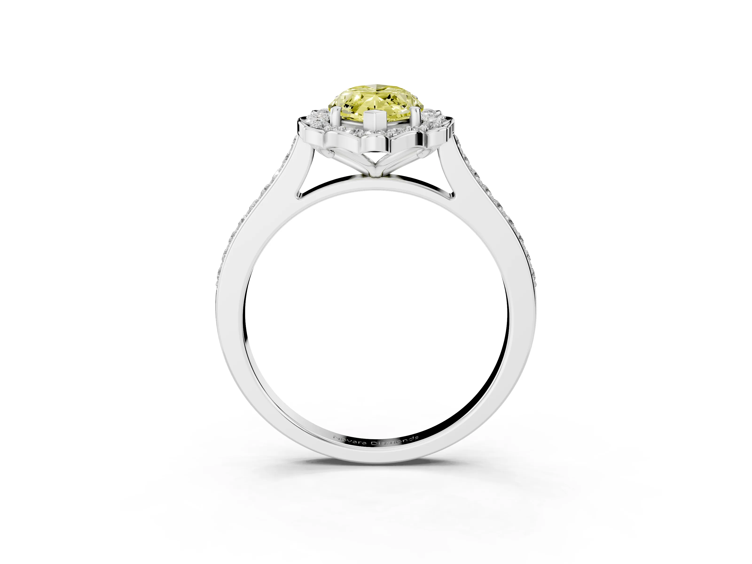 Fancy Yellow Marquise Cut Diamond Halo Ring Set in White gold with Pavé-Lined Shoulders and Prong Setting