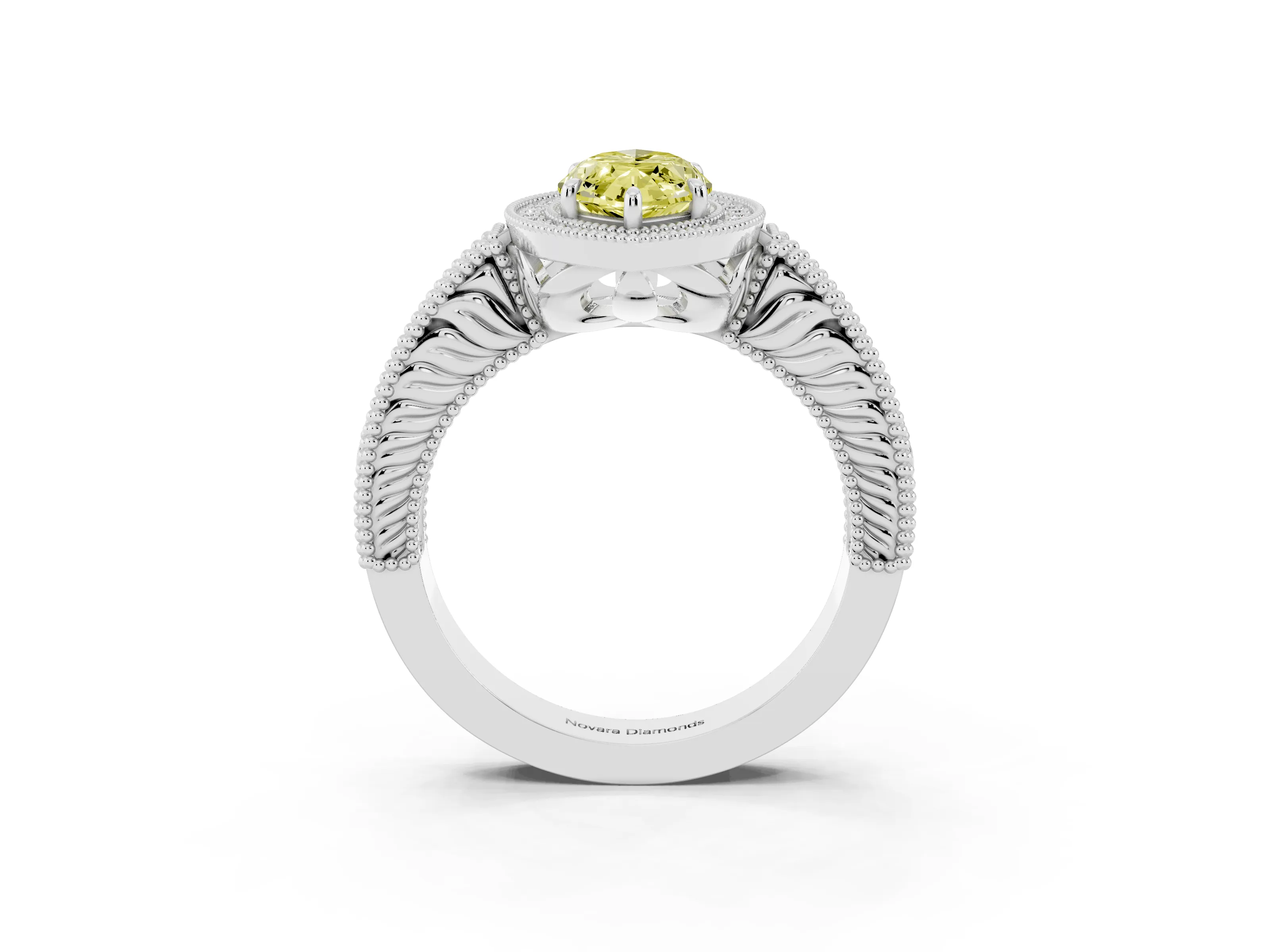 Fancy Yellow Marquise Cut Diamond Halo Ring Set in Silver with Round Accent Halo, Pavé Band and Prong Setting