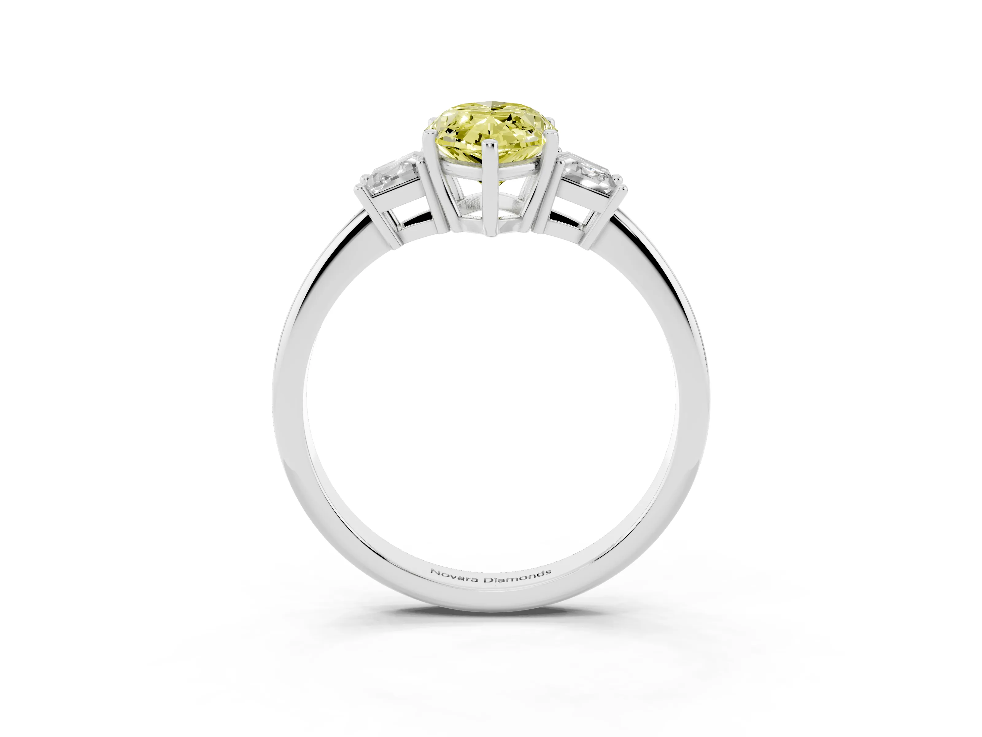 Fancy Yellow Marquise Cut Diamond Three-Stone Ring Set in Platinum with Trapezoid Side Stones and Prong Setting
