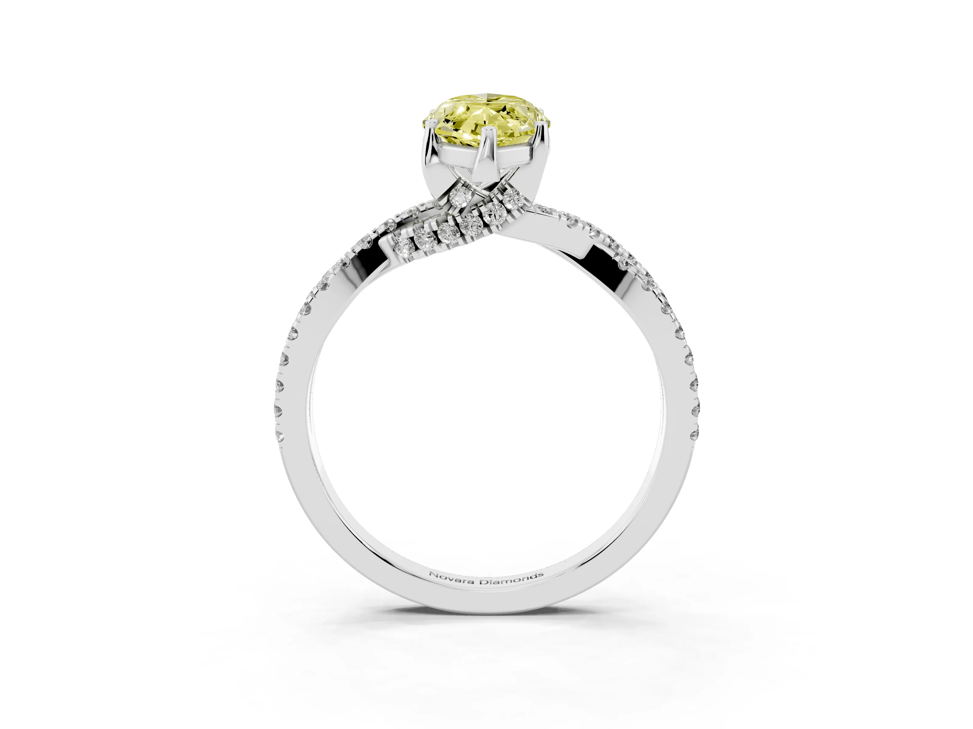 Fancy Yellow Marquise Cut Diamond Twist Pavé Solitaire Engagement Ring Set in White gold with Prong Setting