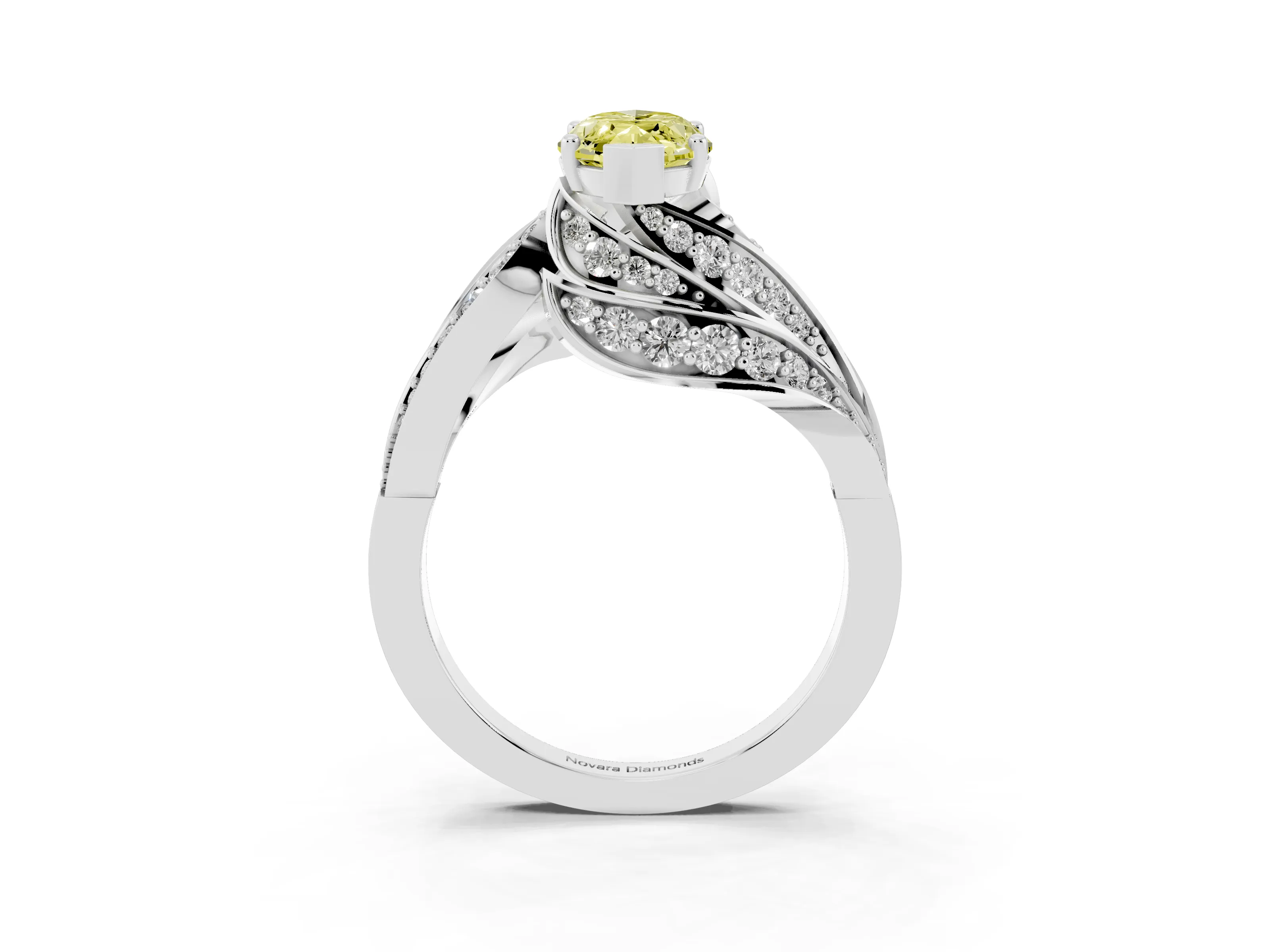 Fancy Yellow Marquise Cut Diamond Solitaire Ring Set in Platinum with Layered Twist Pavé Band