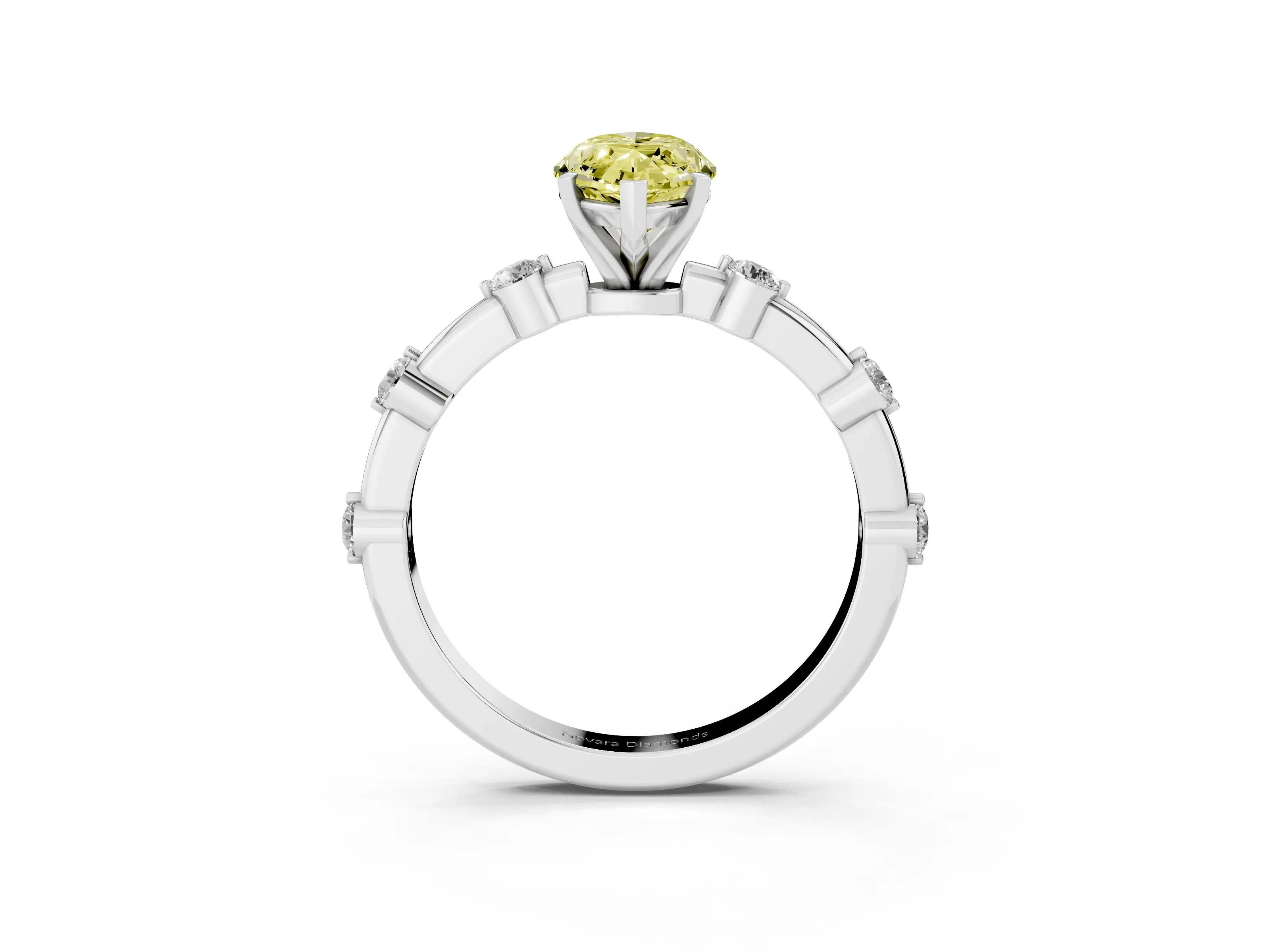 Fancy Yellow Marquise Cut Diamond Solitaire Ring Set in White gold with Bezel Set Side Stones and Prong Setting