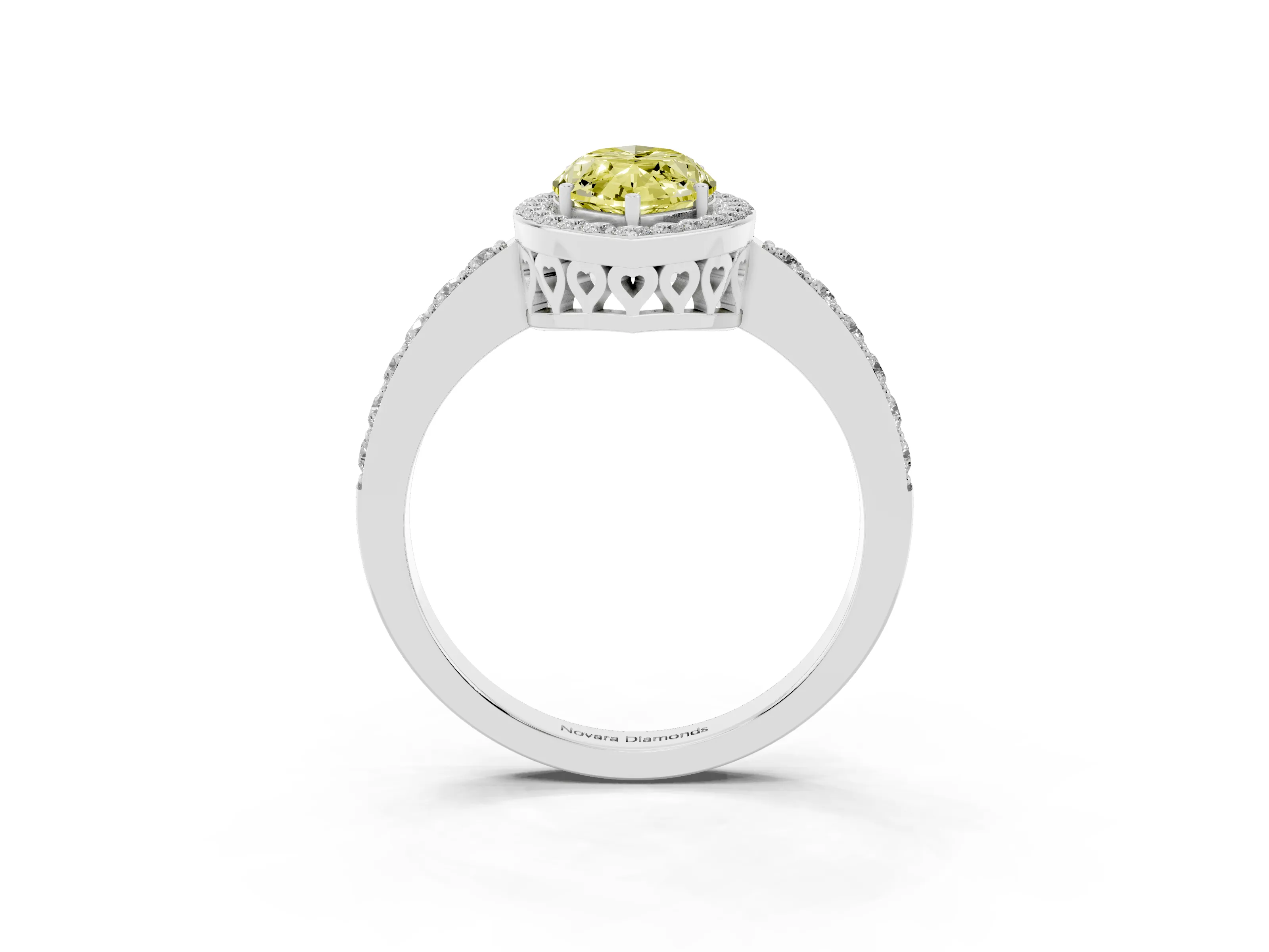 Fancy Yellow Marquise Cut Diamond Halo Ring Set in White gold with Pavé-Setting Band and Open Prong Center