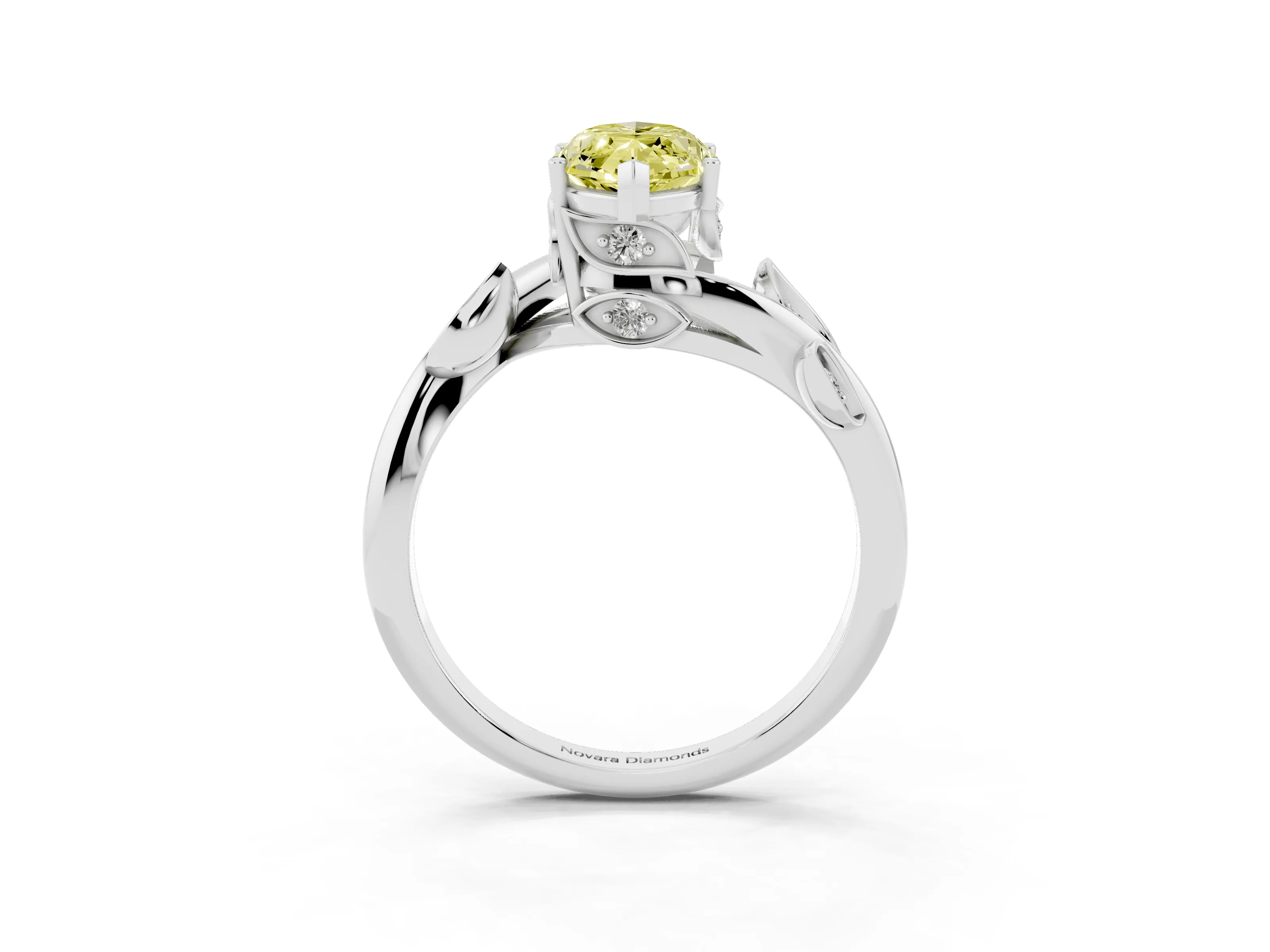 Fancy Yellow Marquise Cut Diamond Solitaire Twist Engagement Ring Set in Silver with Pavé Leaf Accents