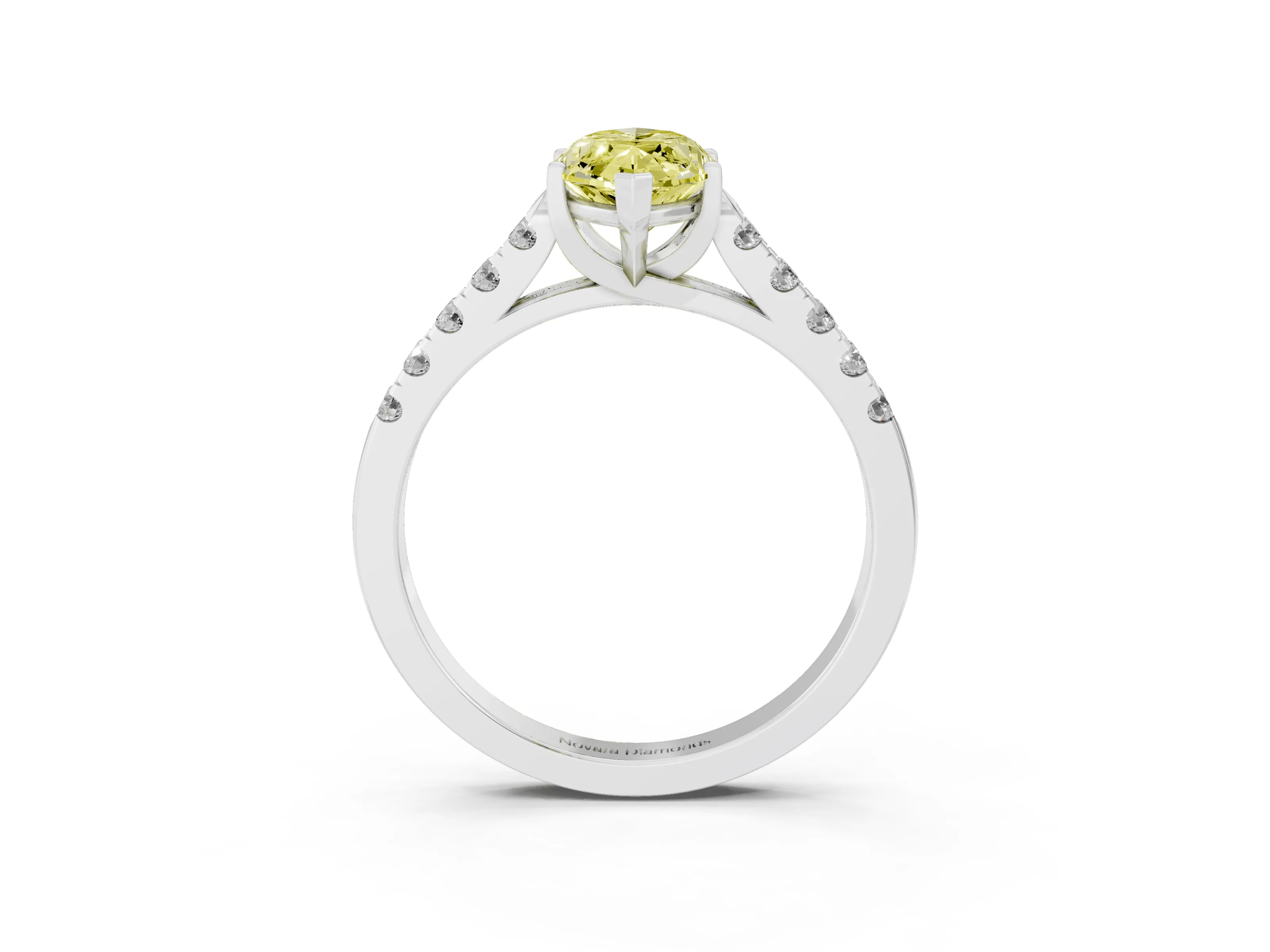 Fancy Yellow Marquise Cut Diamond Pavé Band Solitaire Ring Set in White gold with Partway Accent Stones and Prong Setting