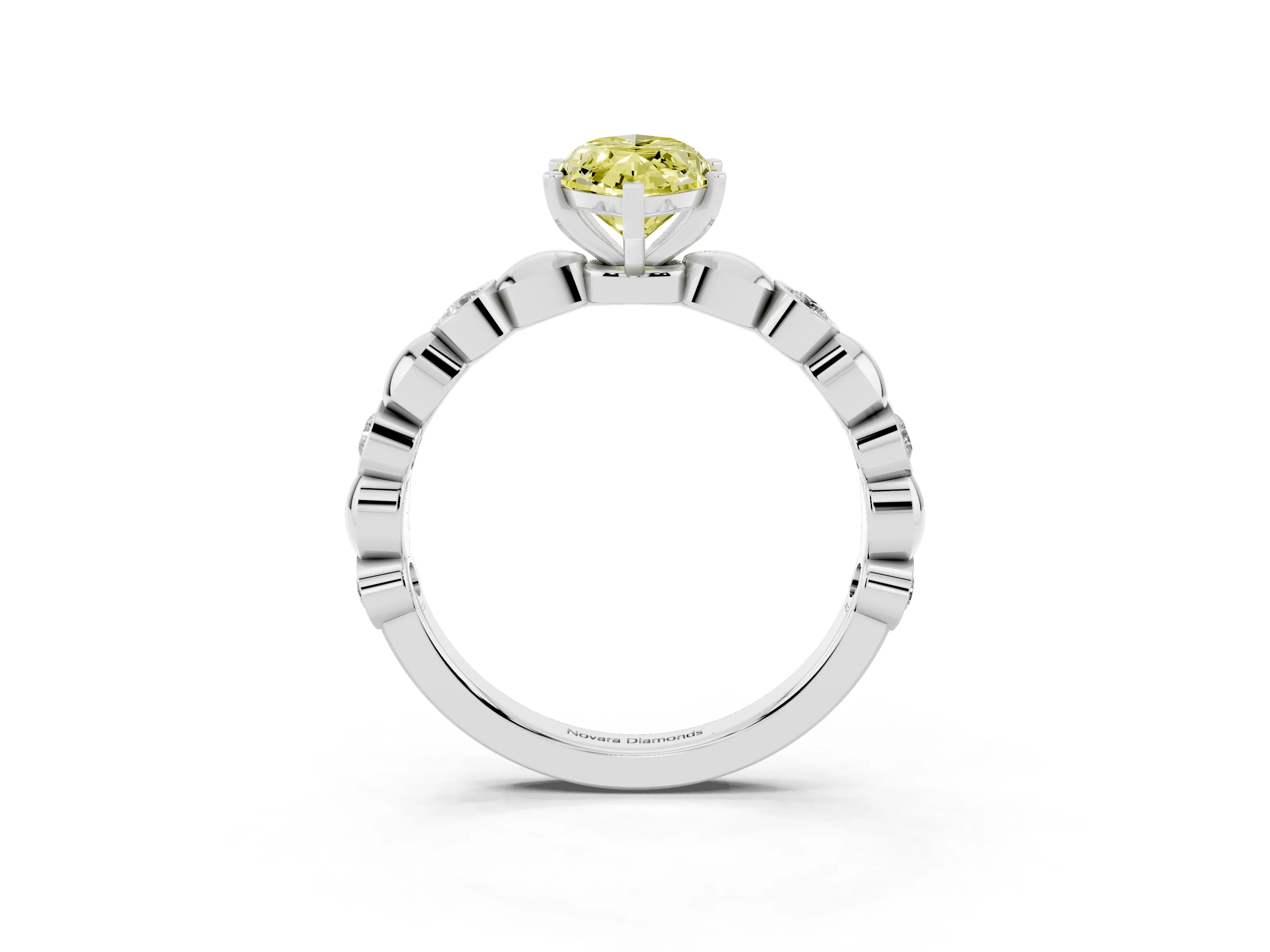 Fancy Yellow Marquise Cut Diamond Solitaire Ring Set in Platinum with Bezel-Set Accents on Beaded Band and Prong Setting