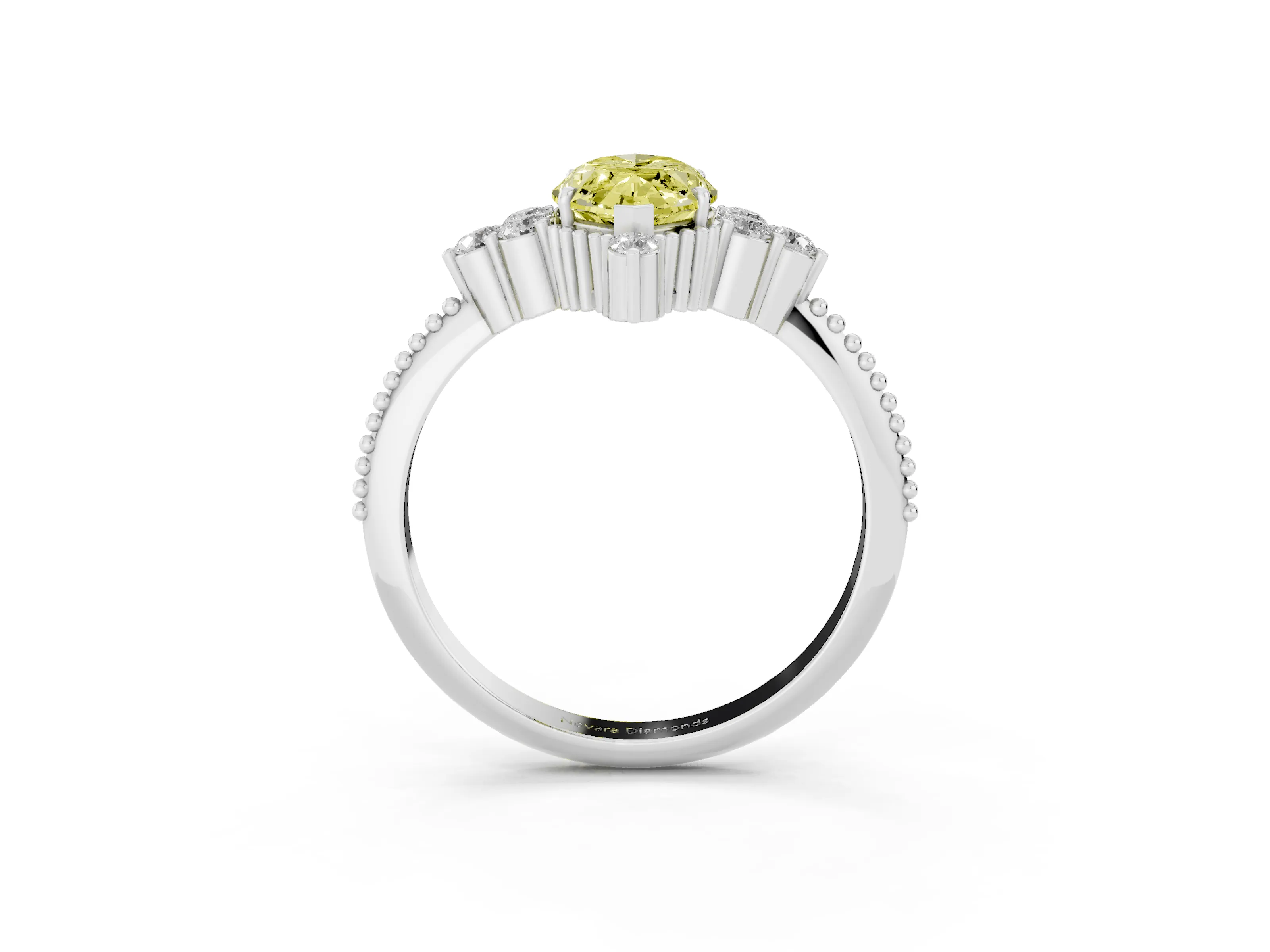 Fancy Yellow Marquise Cut Diamond Cluster Ring Set in White gold with Beaded Band