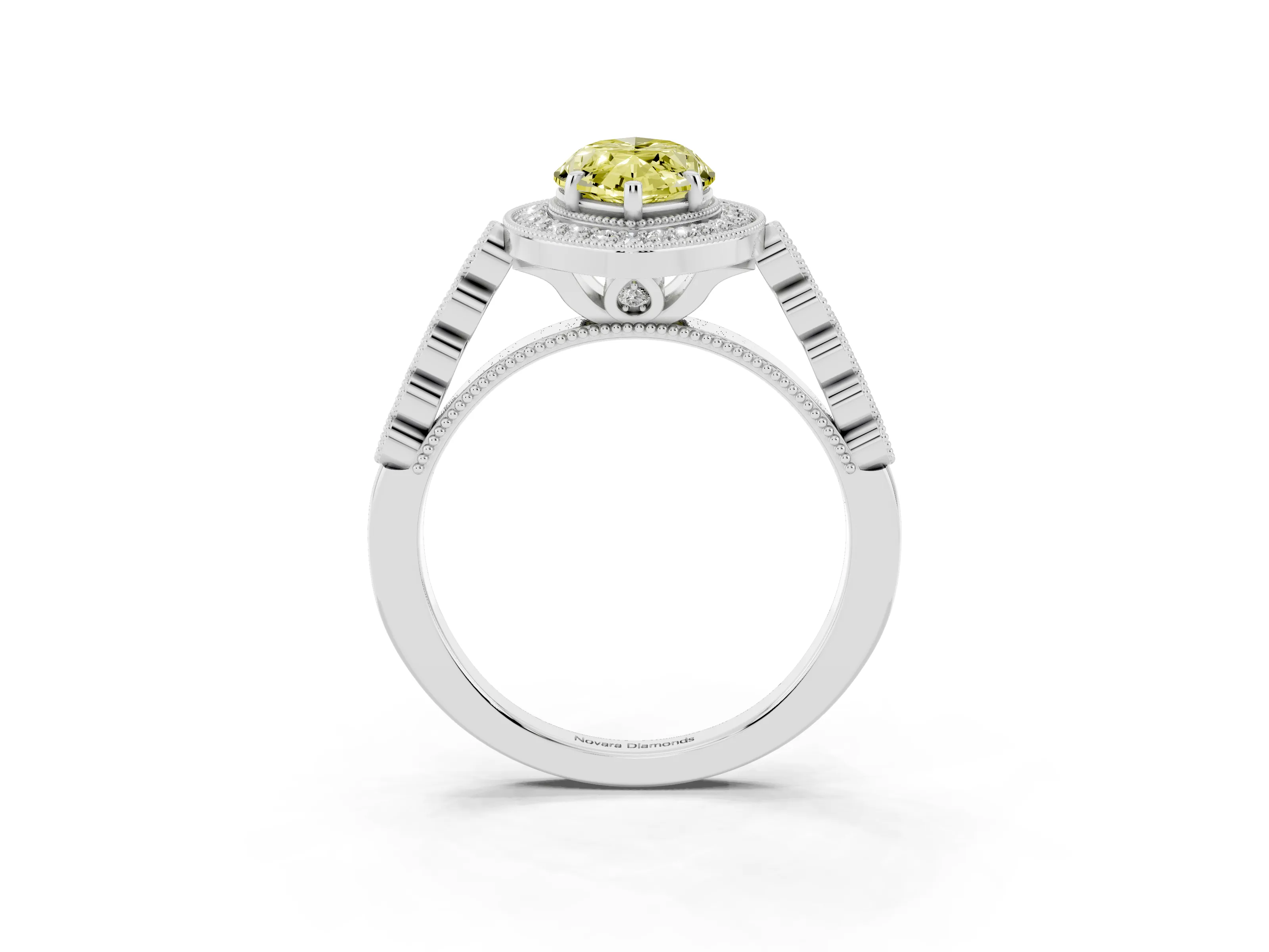 Fancy Yellow Marquise Cut Diamond Milgrain Halo Solitaire Ring Set in White gold with Bezel Set Side Stones and Pavé Band