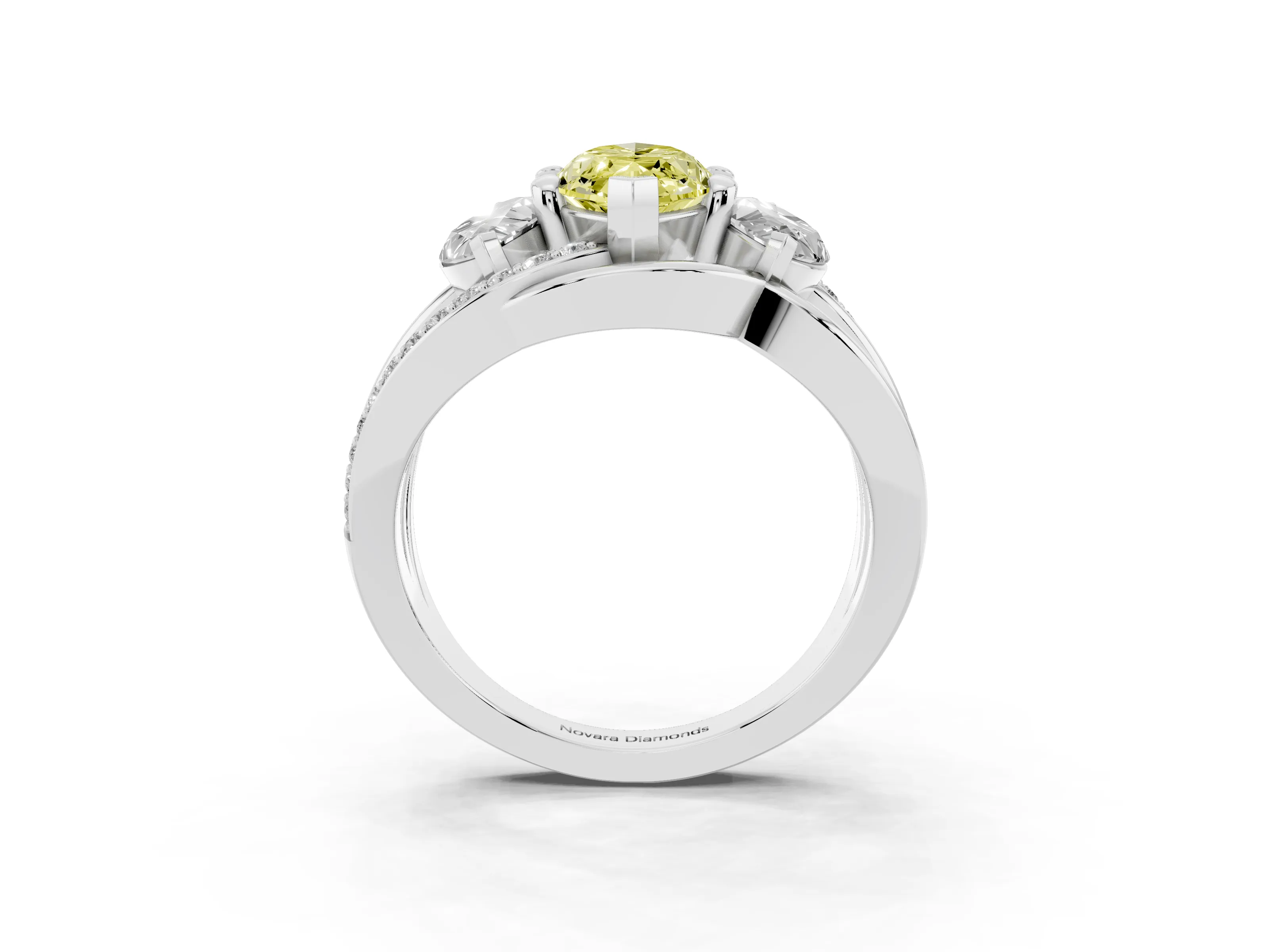 Fancy Yellow Marquise Cut Diamond Three-Stone Ring Set in Platinum with Split Shank and Prong Setting