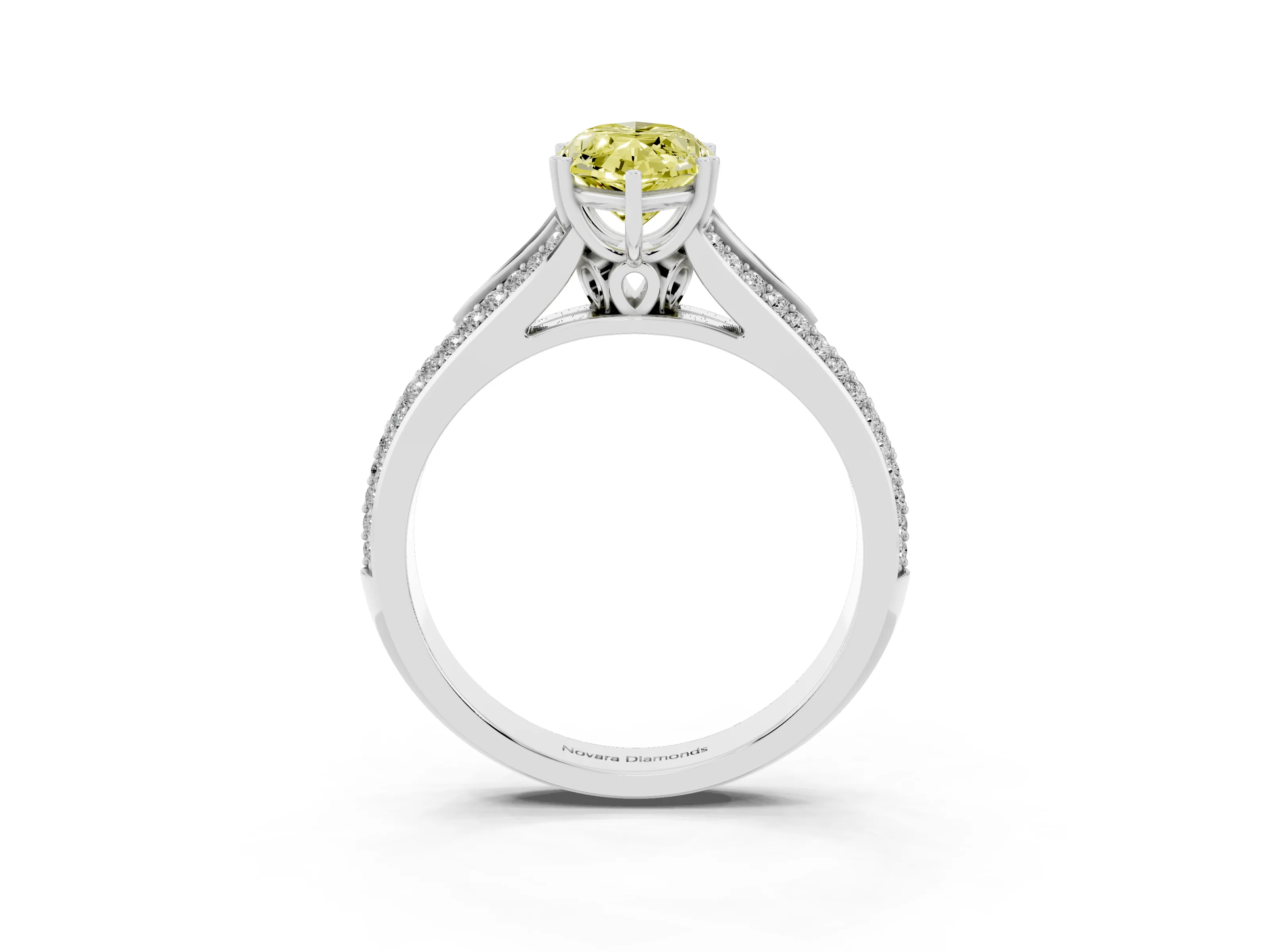 Fancy Yellow Marquise Cut Diamond Split Shank Pavé Engagement Ring Set in White gold with Prong-Set Center Stone