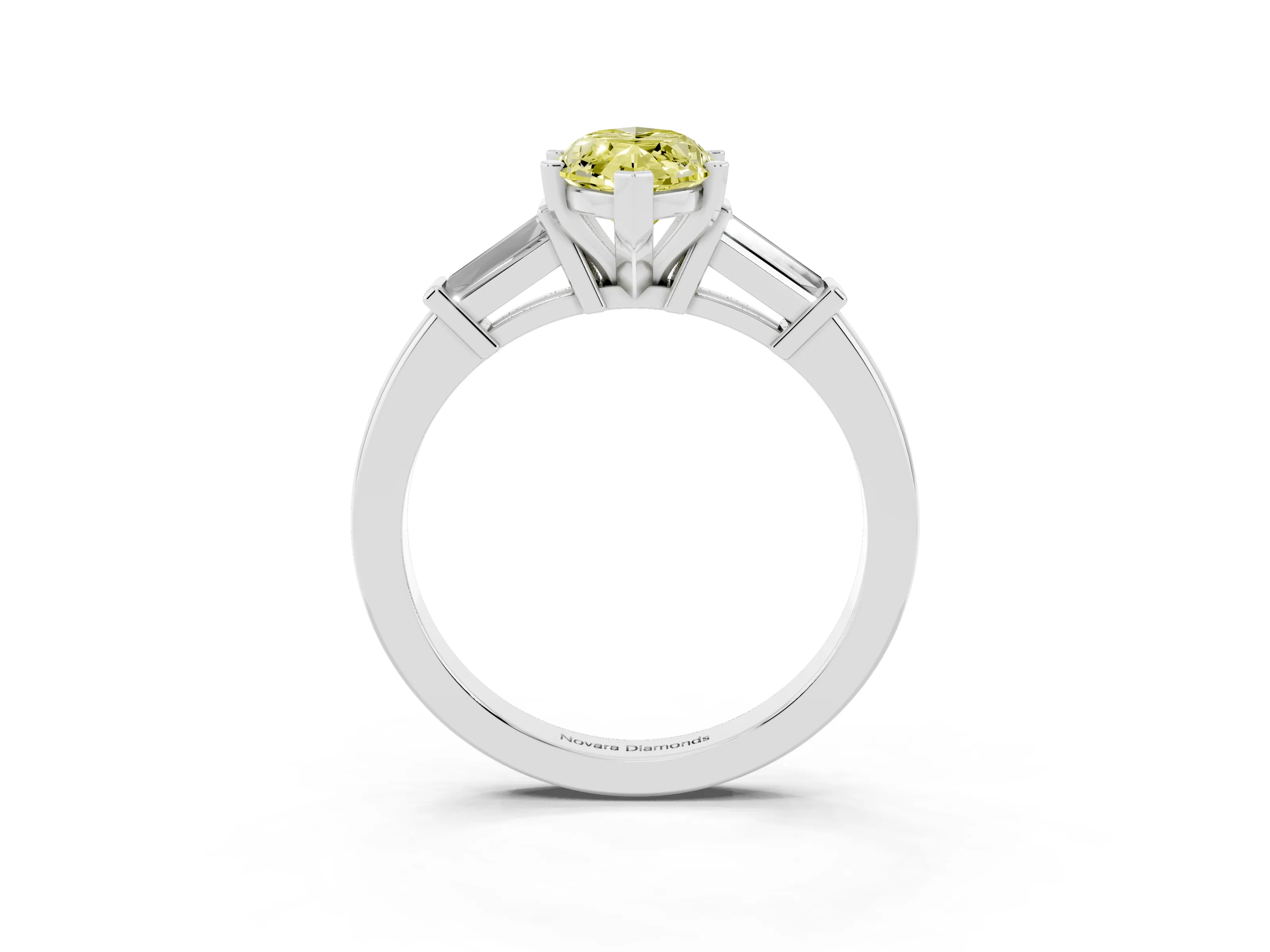 Fancy Yellow Marquise Cut Diamond Solitaire Ring Set in White gold with Tapered Baguette Accents and Prong Setting