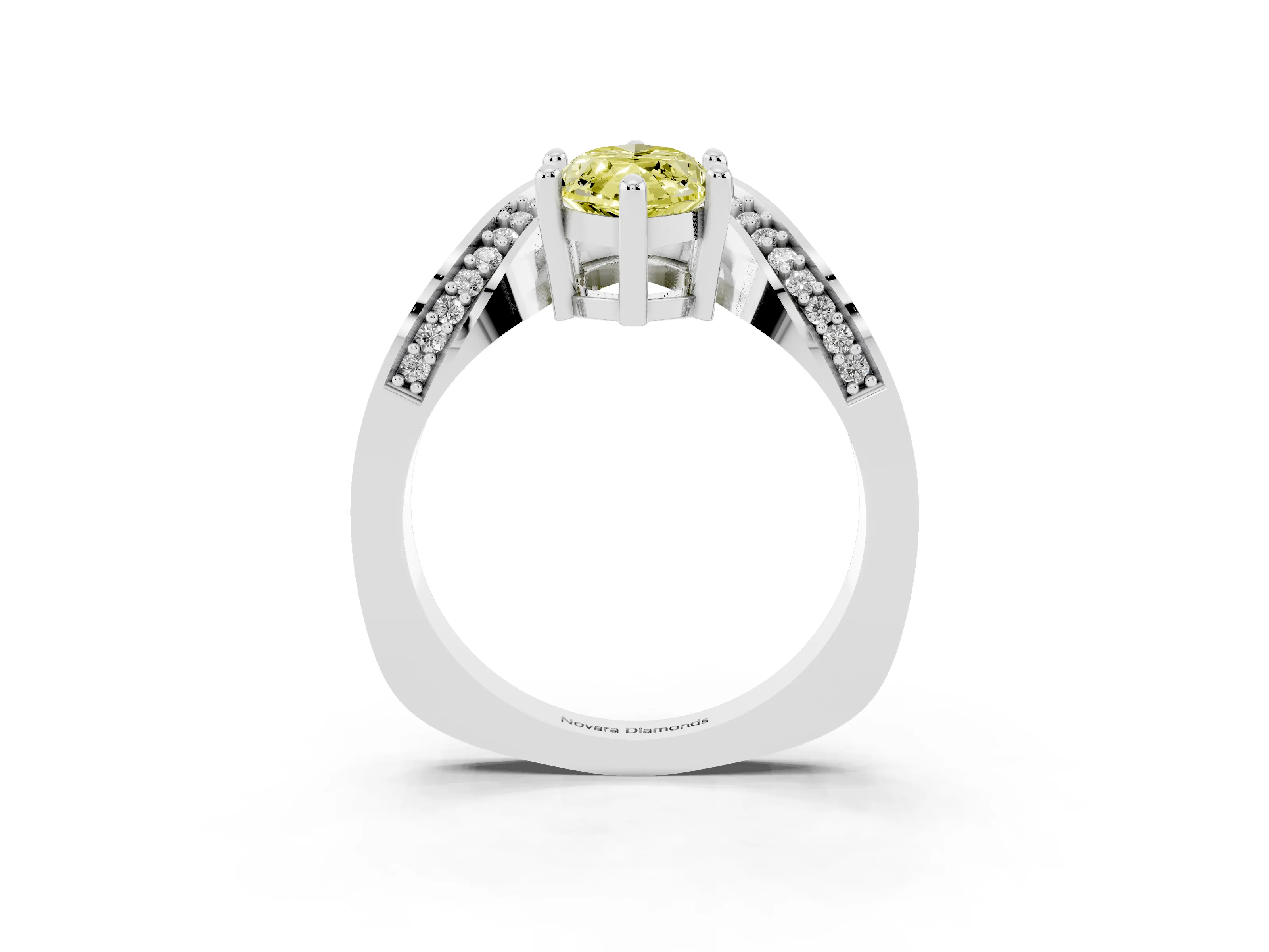 Fancy Yellow Marquise Cut Diamond Solitaire Engagement Ring Set in White gold with Pavé Shoulders