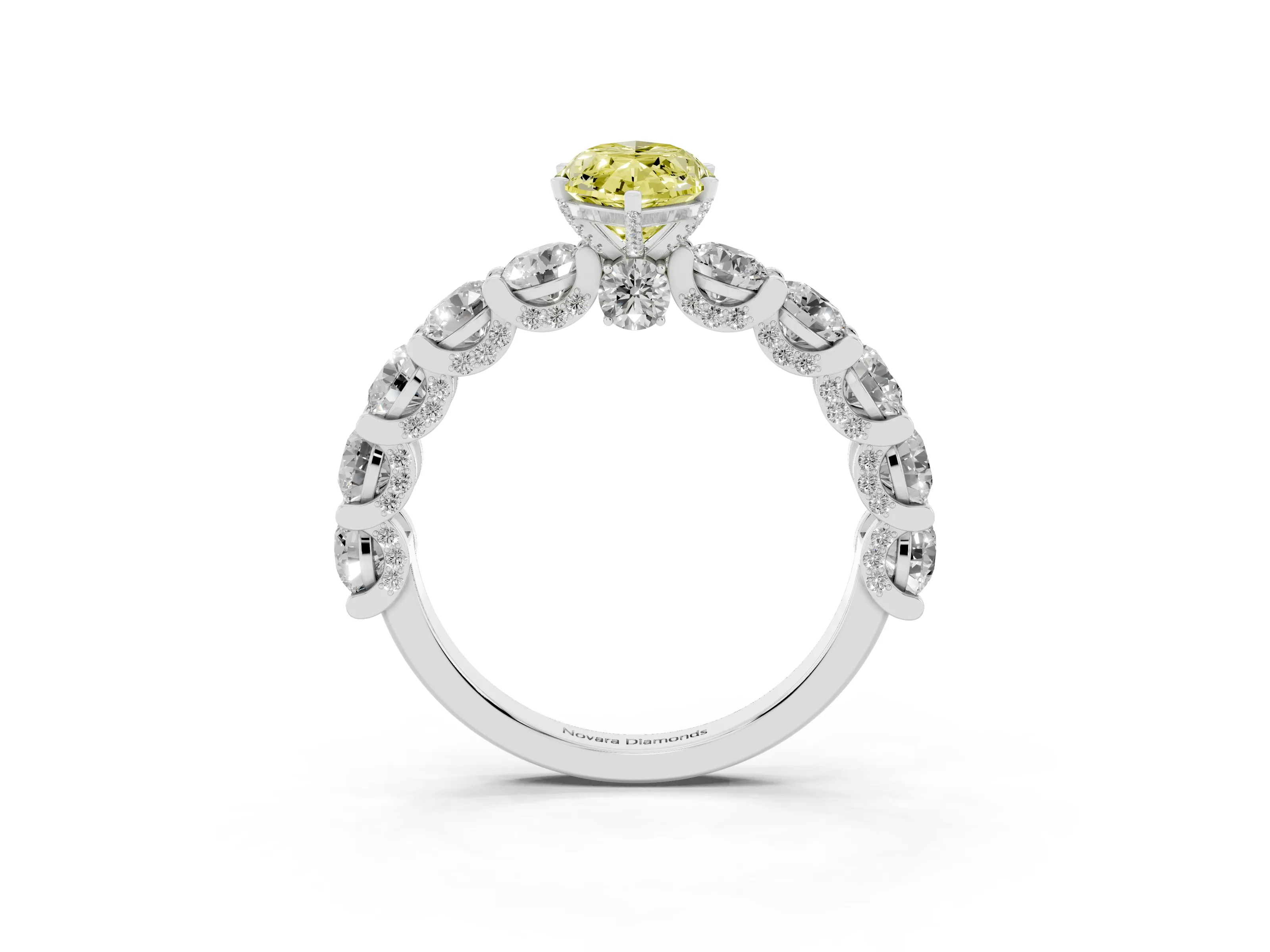 Fancy Yellow Marquise Cut Diamond Side Stone Ring Set in Silver with Alternating Round and Oval Side Stones