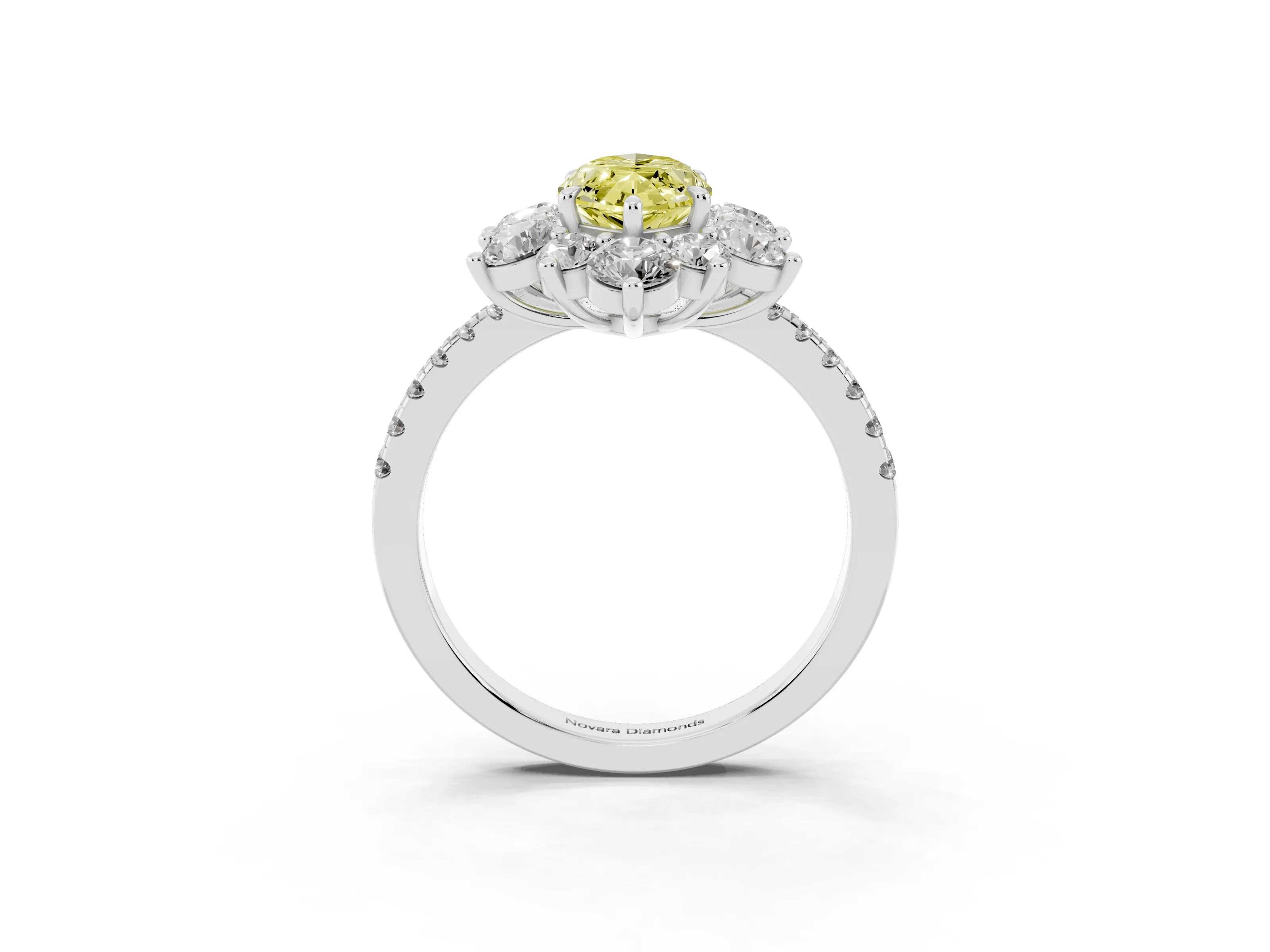 Fancy Yellow Marquise Cut Diamond Floral Halo Ring Set in White gold with Round Pavé Band and Prong Setting
