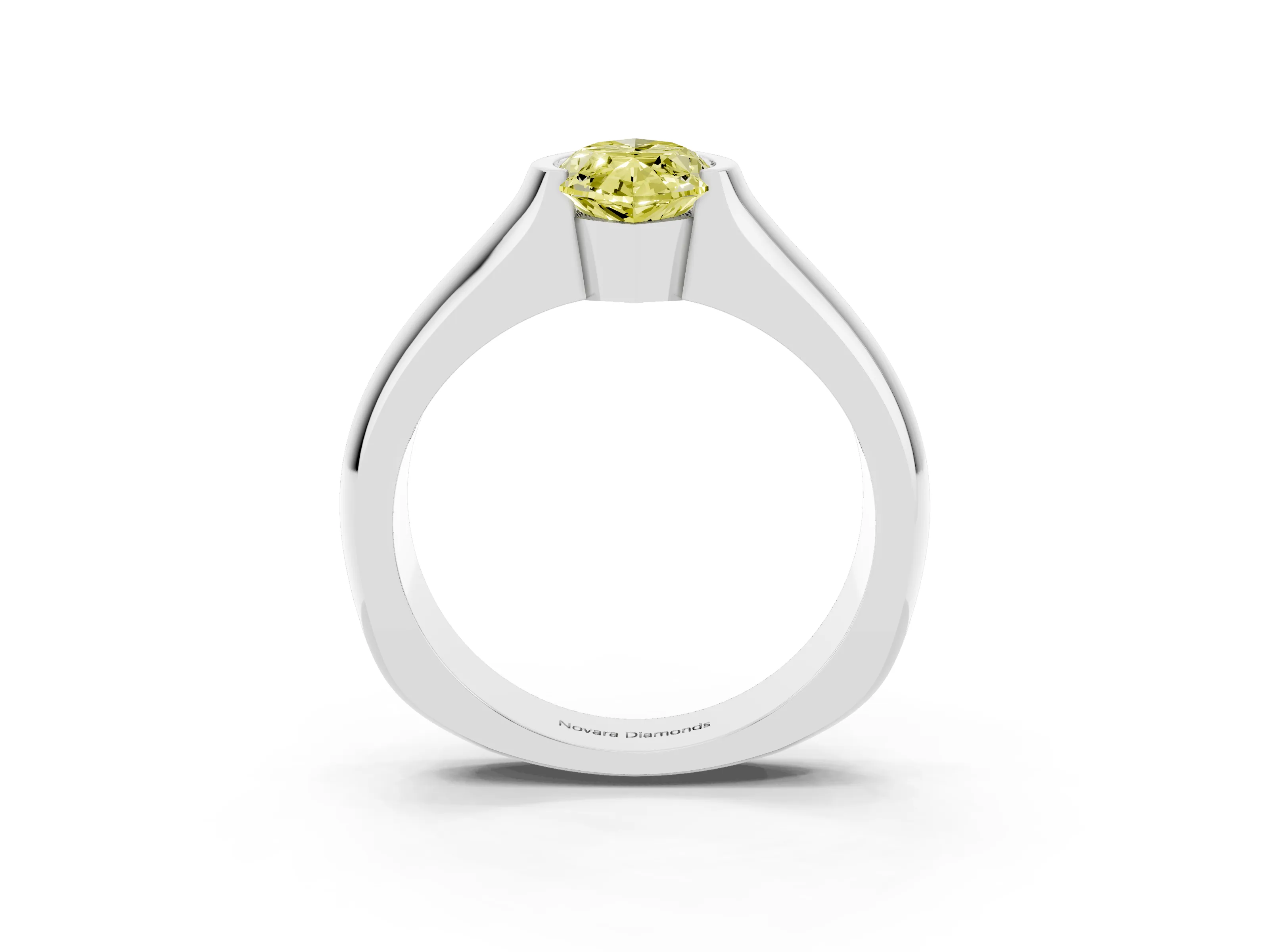 Fancy Yellow Marquise Cut Diamond Bezel Solitaire Ring Set in White gold with Wide Band