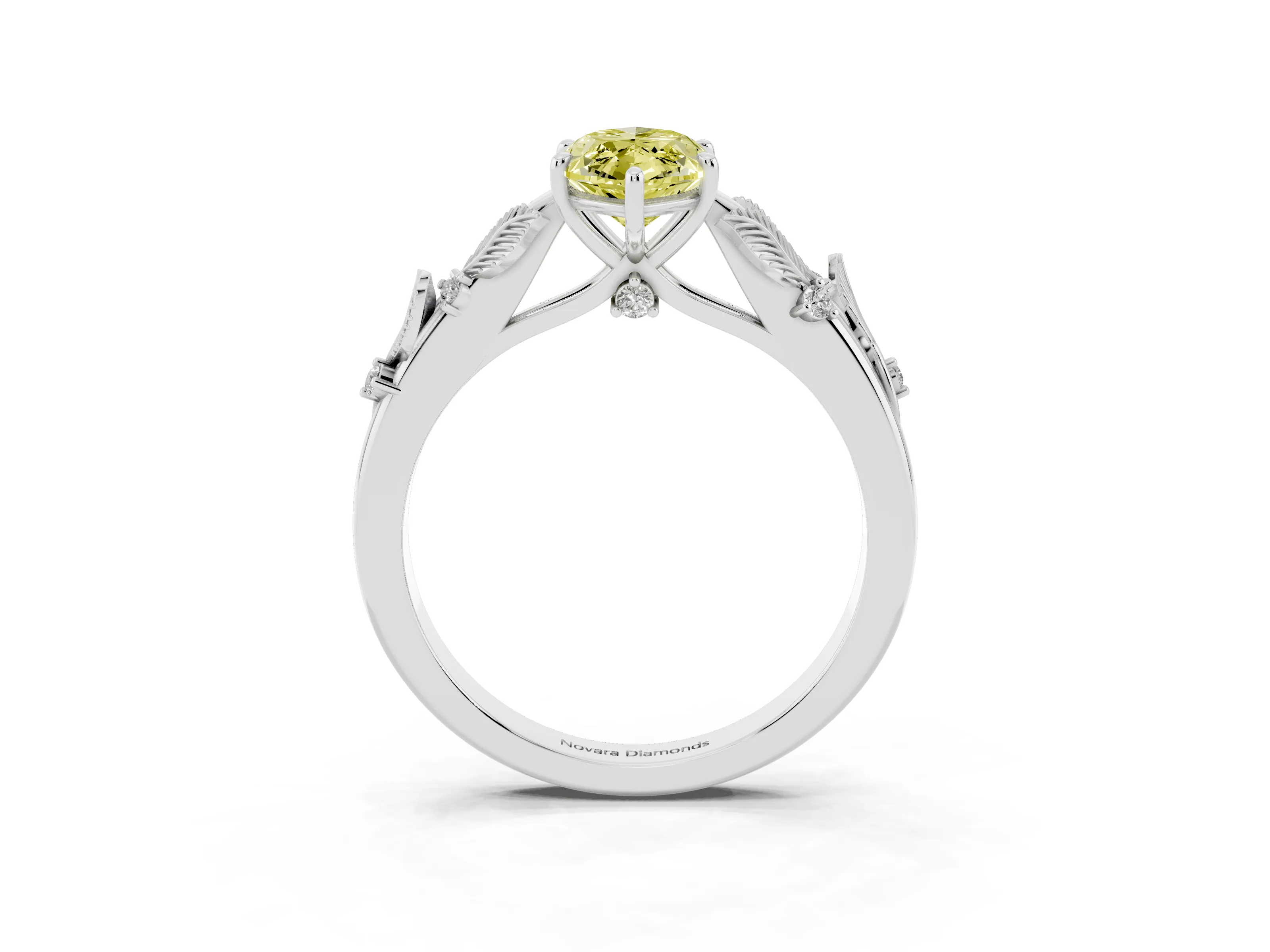 Fancy Yellow Marquise Cut Diamond Solitaire Ring Set in White gold with Leaf Motif Band
