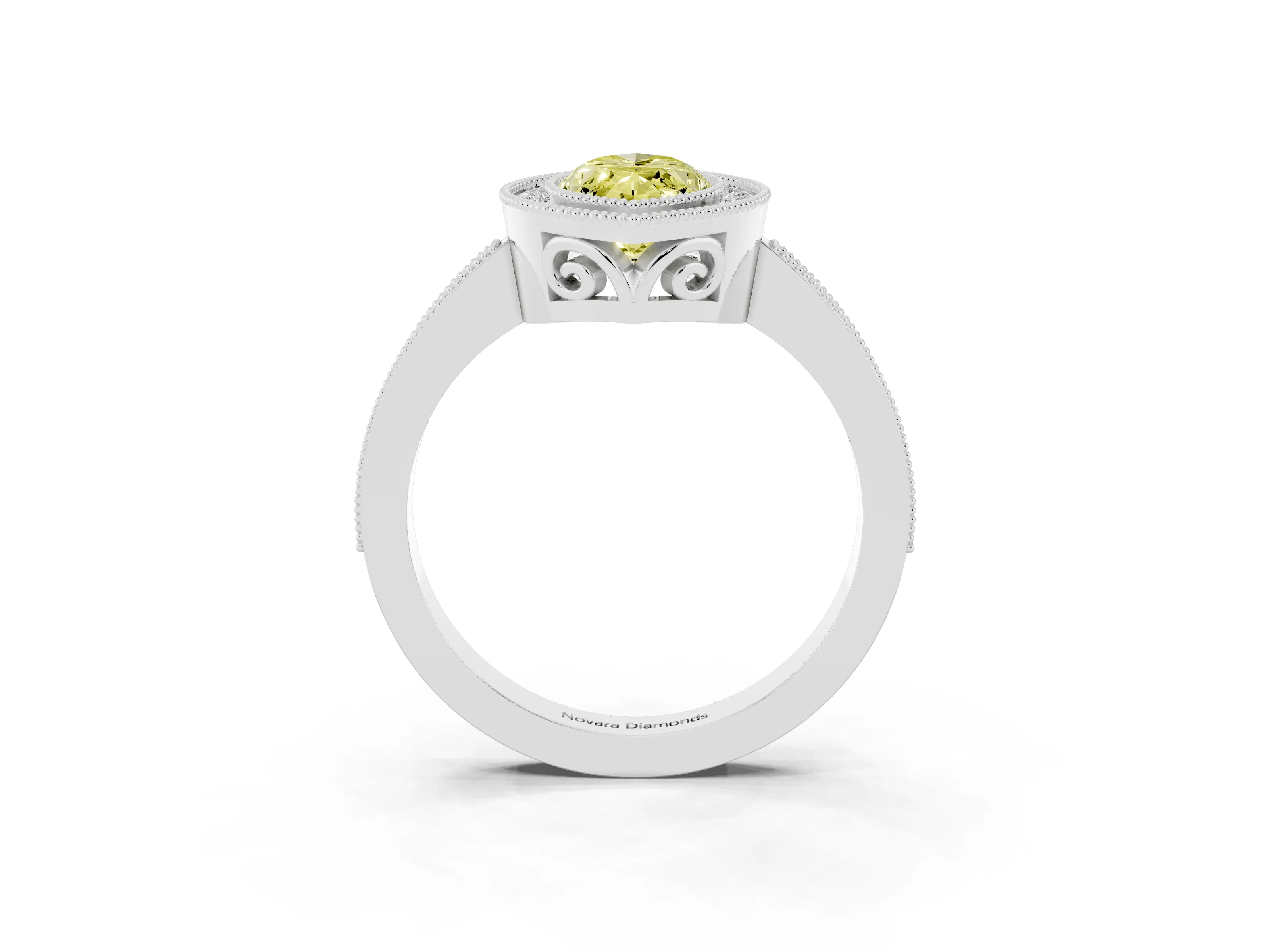 Fancy Yellow Marquise Cut Diamond Halo Ring Set in White gold with Pavé Band and Milgrain-Edged Prongs