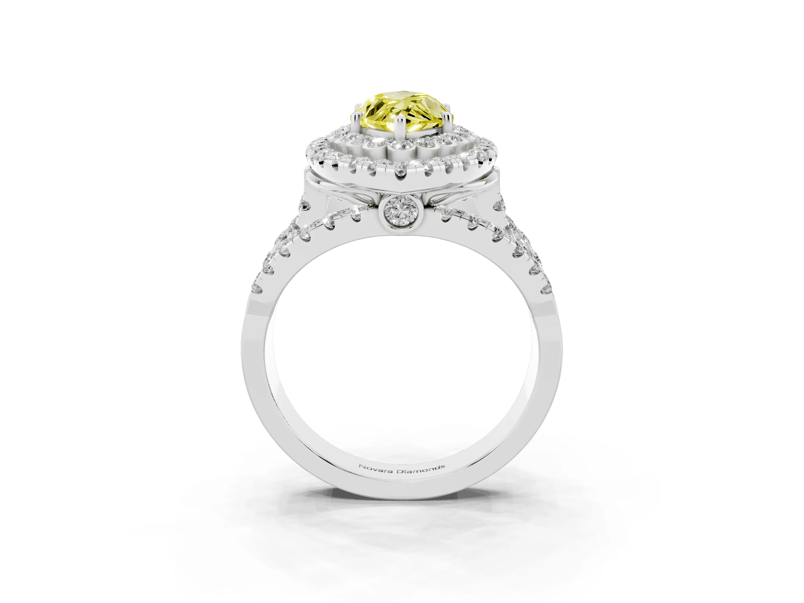Fancy Yellow Marquise Cut Diamond Double Halo Ring Set in White gold with Round Pavé Split Shank