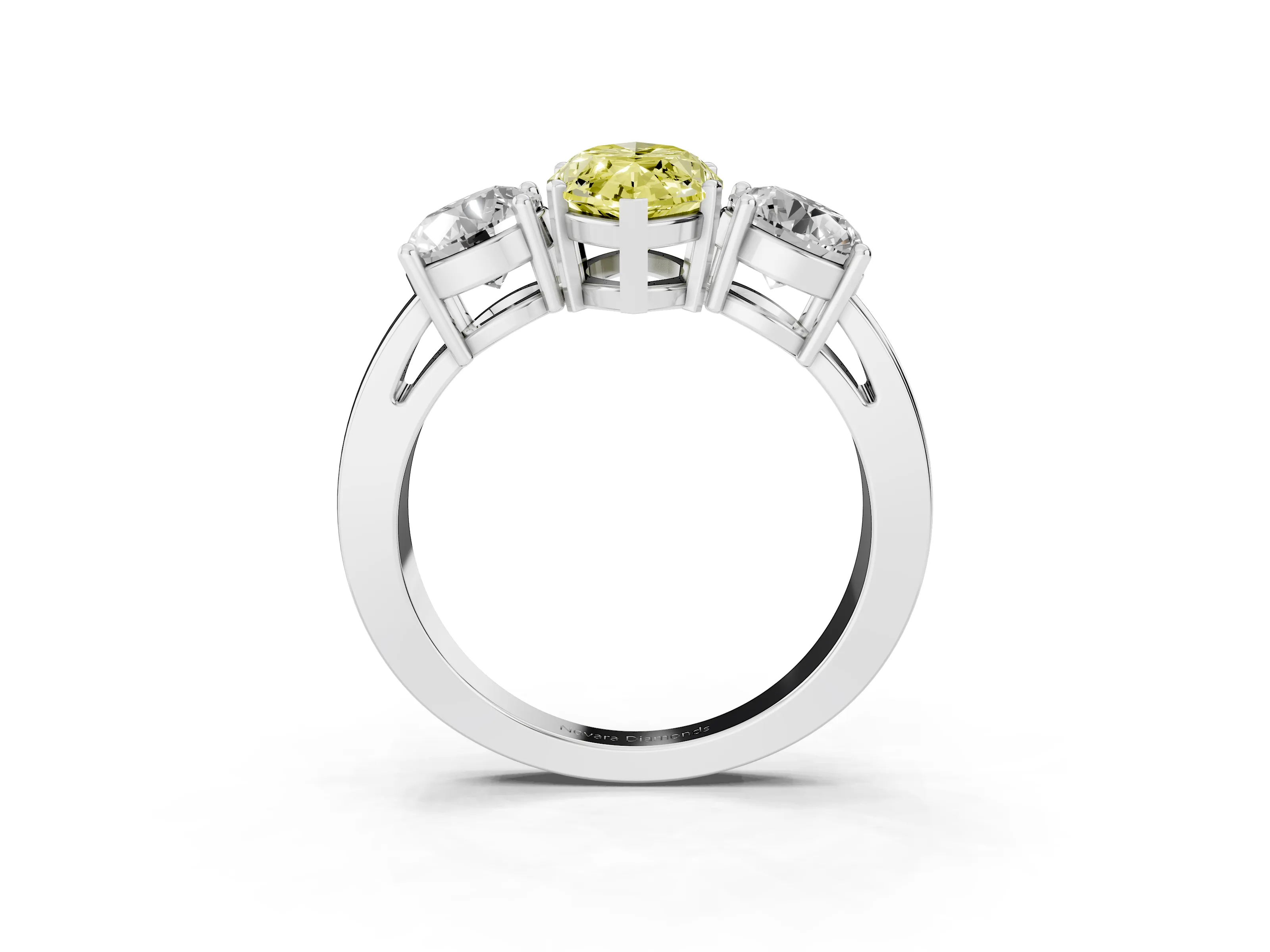 Fancy Yellow Marquise Cut Diamond Three-Stone Ring Set in Platinum with Round Side Stones and Classic Band