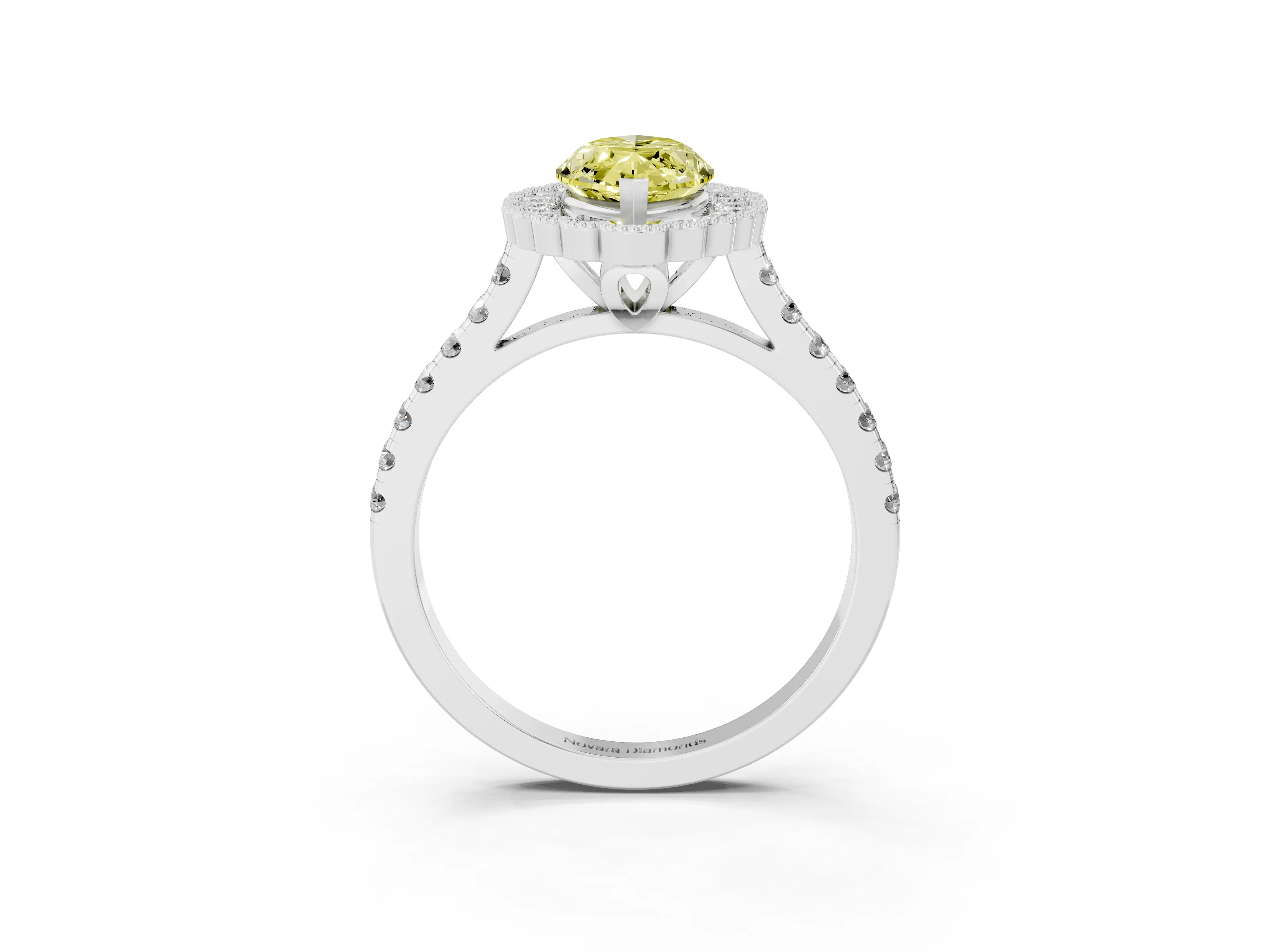 Fancy Yellow Marquise Cut Diamond Milgrain Floral Halo Engagement Ring Set in White gold with Pavé Band