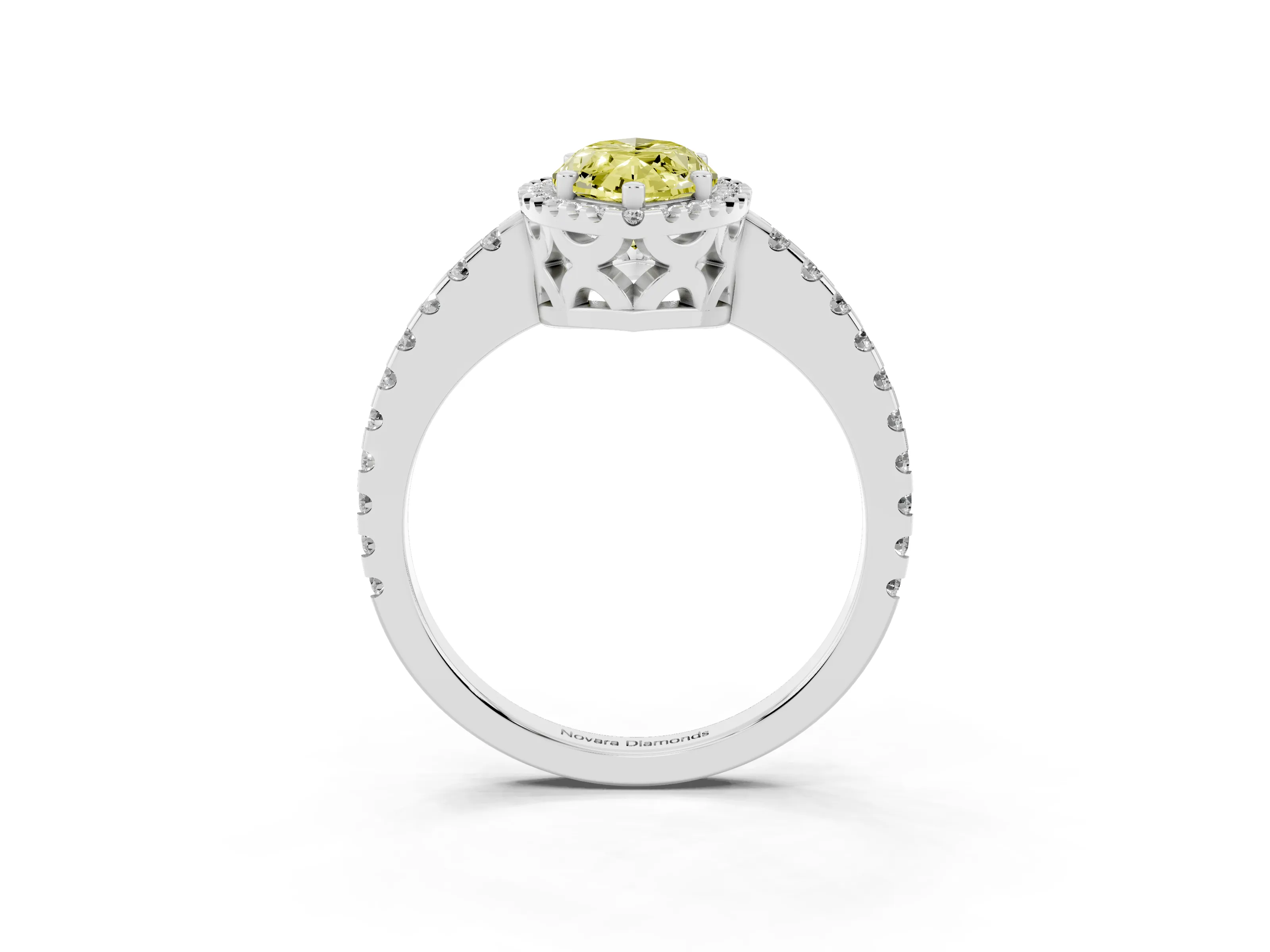 Fancy Yellow Marquise Cut Diamond Halo Ring Set in White gold with Pavé Shoulders and Halo-Framed Center