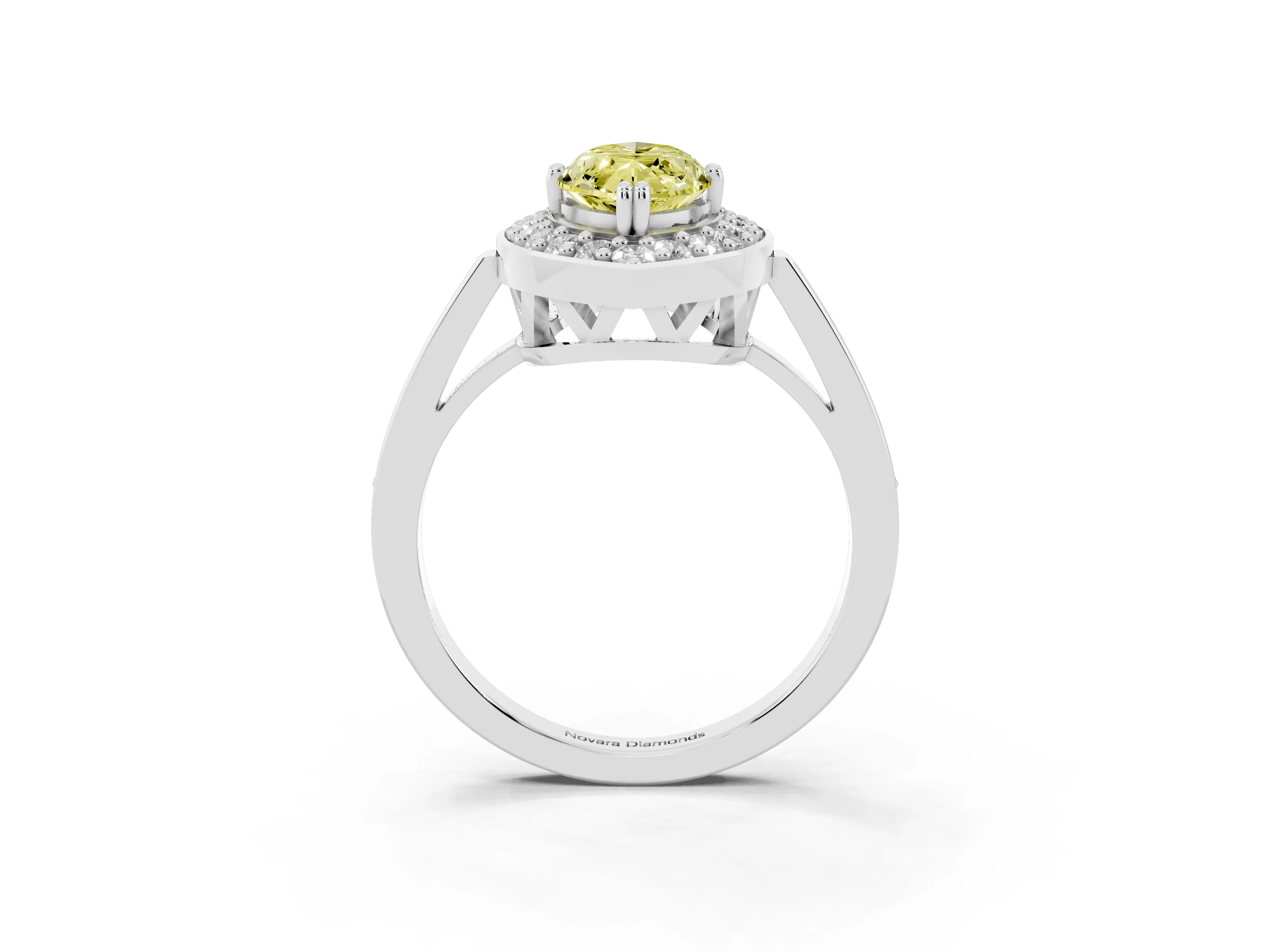 Fancy Yellow Marquise Cut Diamond Halo Ring Set in White gold with Accent-Lined Split Shank and Prong Setting