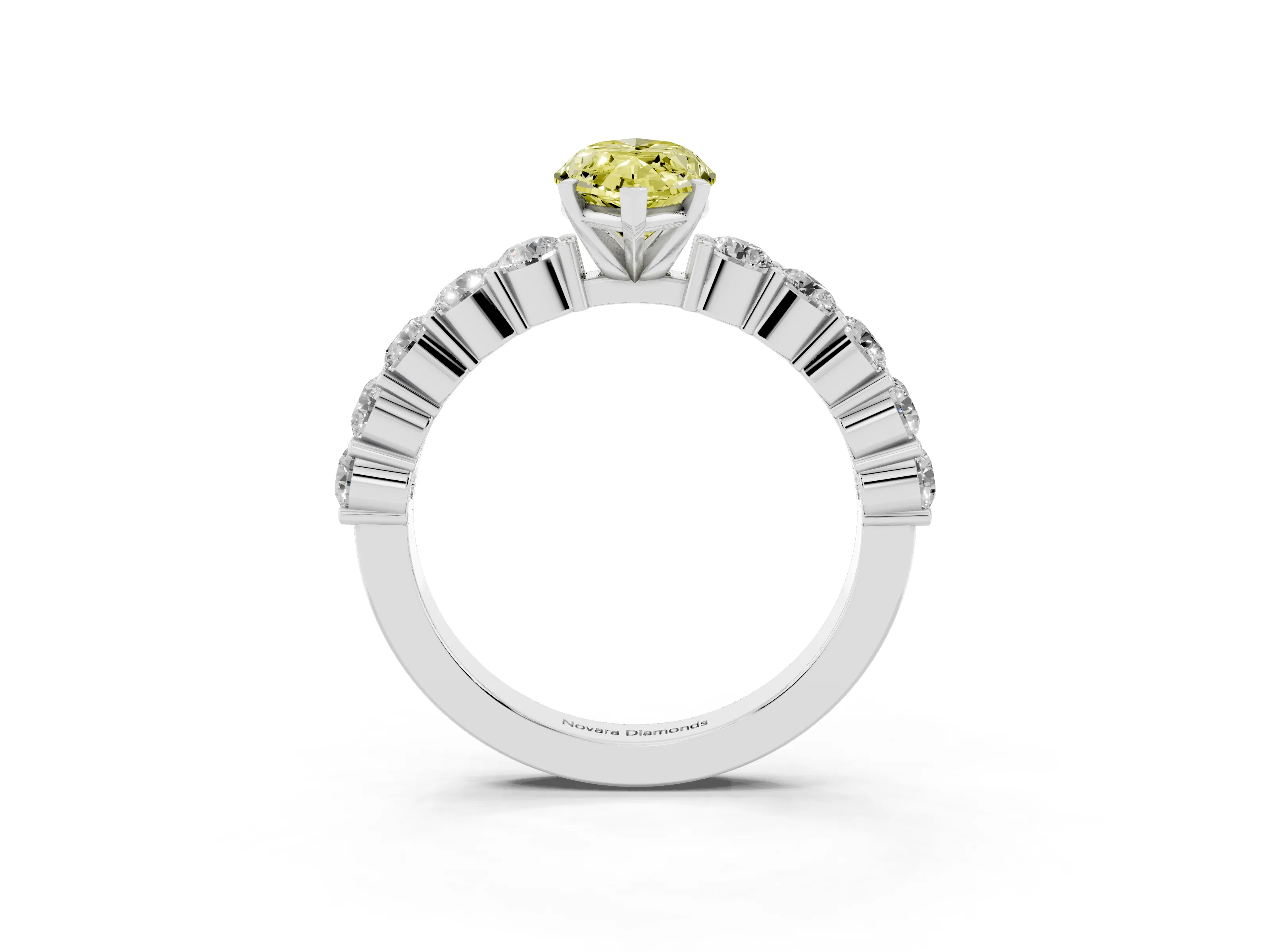Fancy Yellow Marquise Cut Diamond Solitaire Ring Set in Silver with Shared Prong Round Side Stones