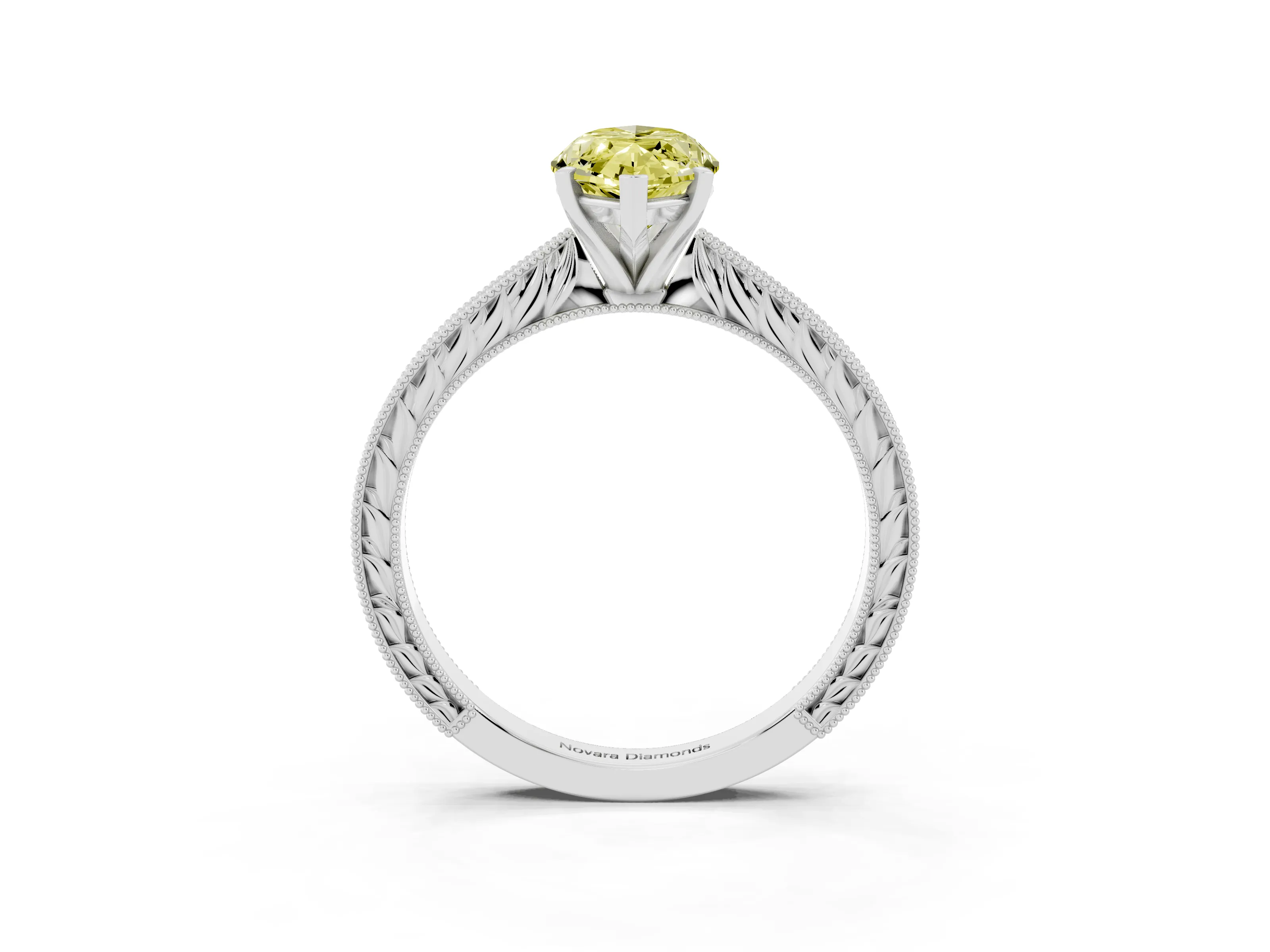 Fancy Yellow Marquise Cut Diamond Solitaire Milgrain Engraved Band Set in White gold with Prong Setting