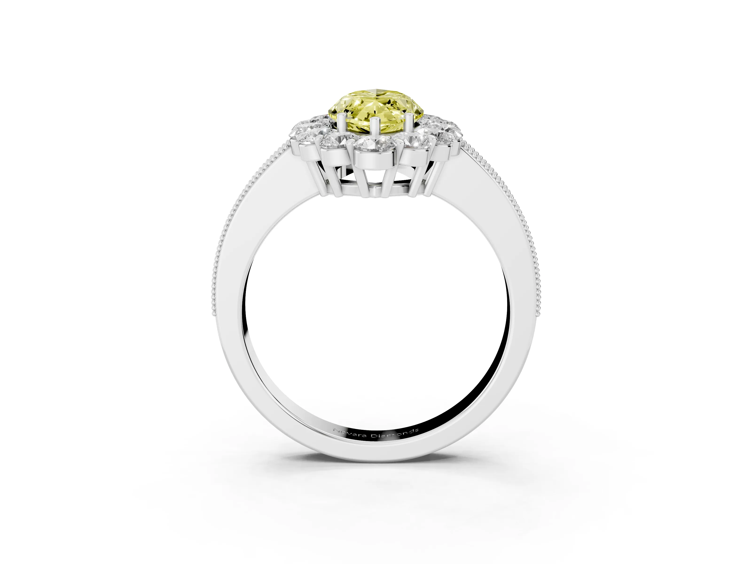 Fancy Yellow Marquise Cut Diamond Halo Pavé Engagement Ring Set in White gold with Milgrain Detailing