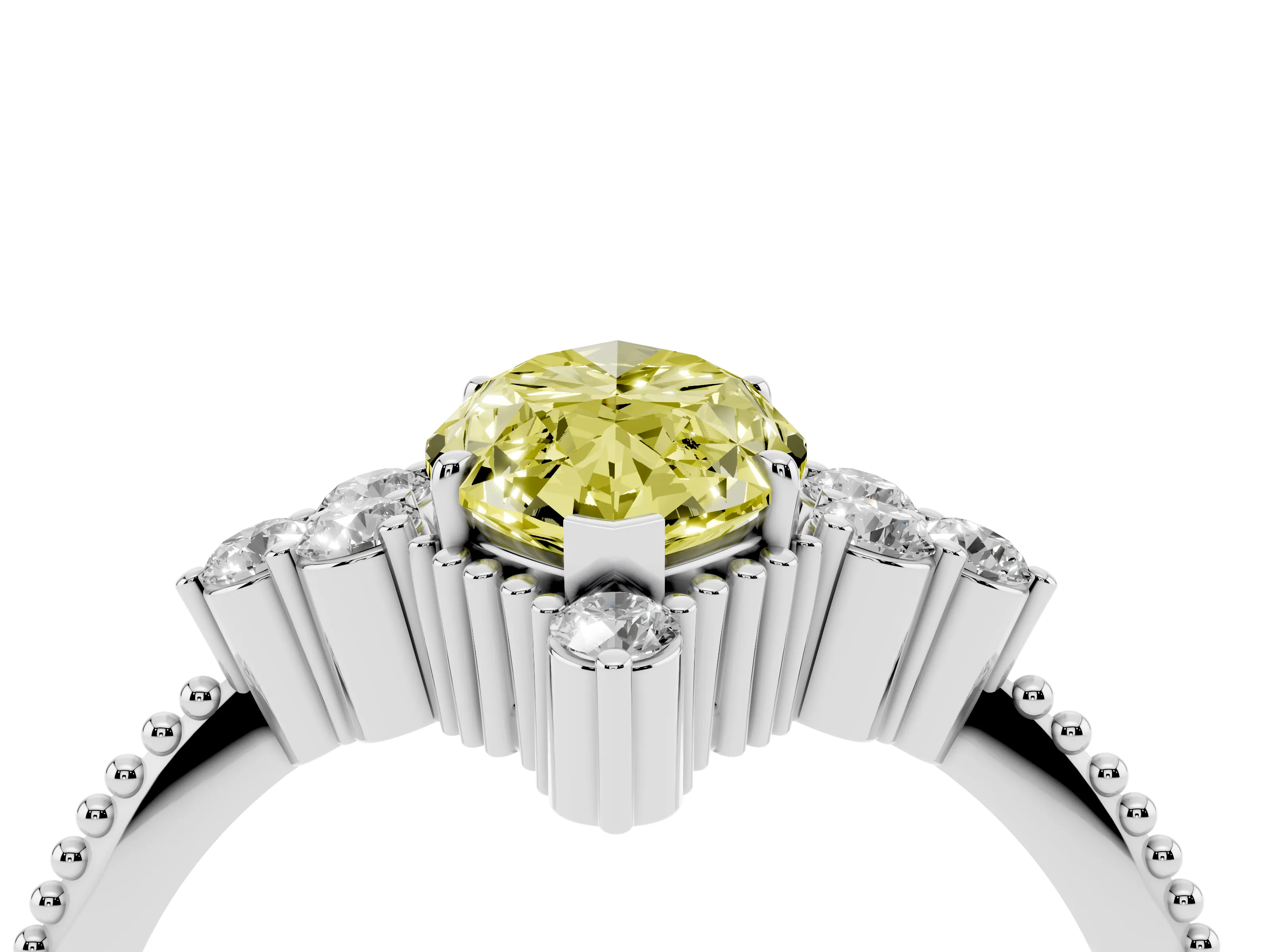Fancy Yellow Marquise Cut Diamond Cluster Ring Set in White gold with Beaded Band