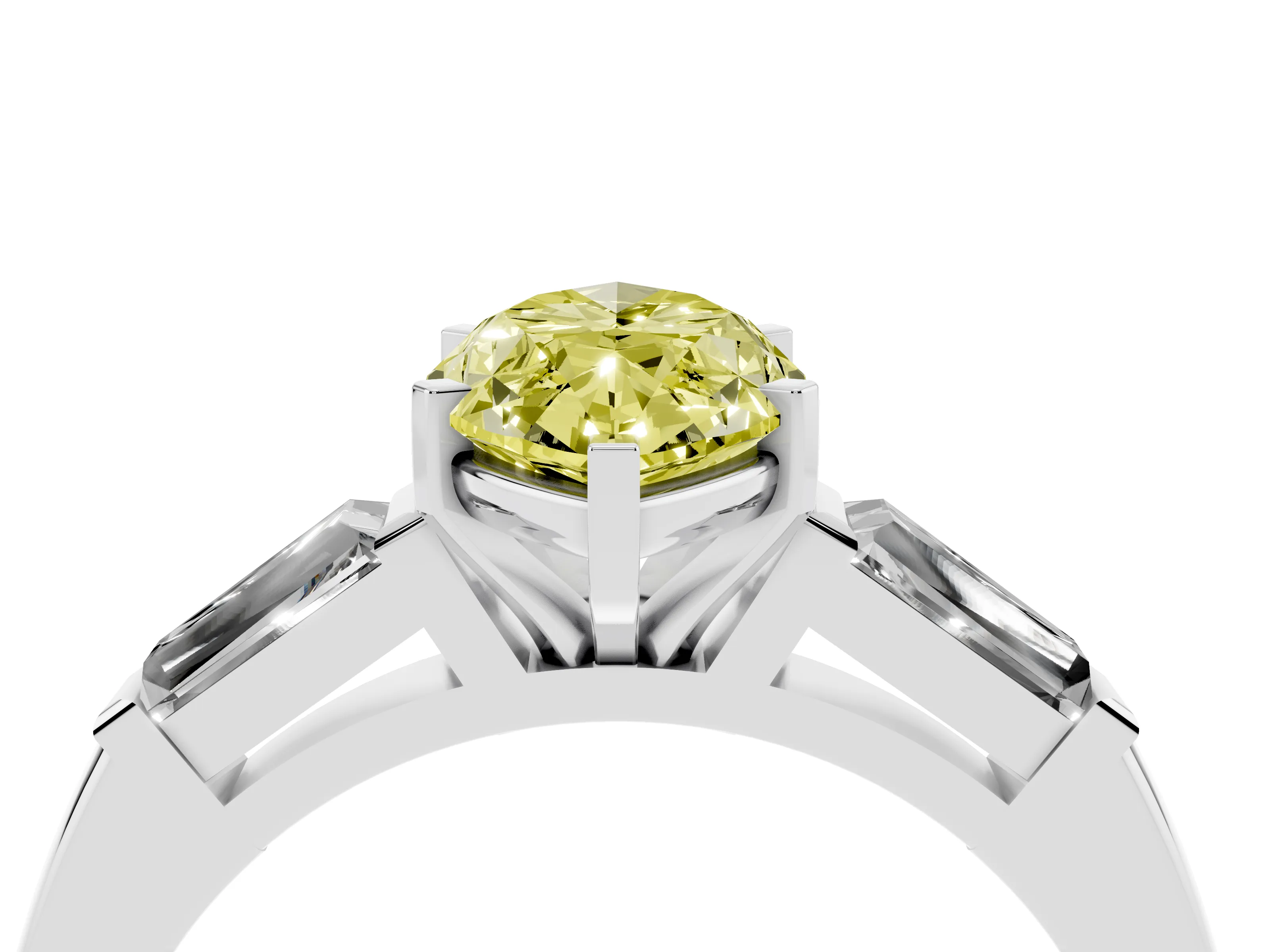 Fancy Yellow Marquise Cut Diamond Solitaire Ring Set in Platinum with Tapered Baguette Side Stones and Prong Setting
