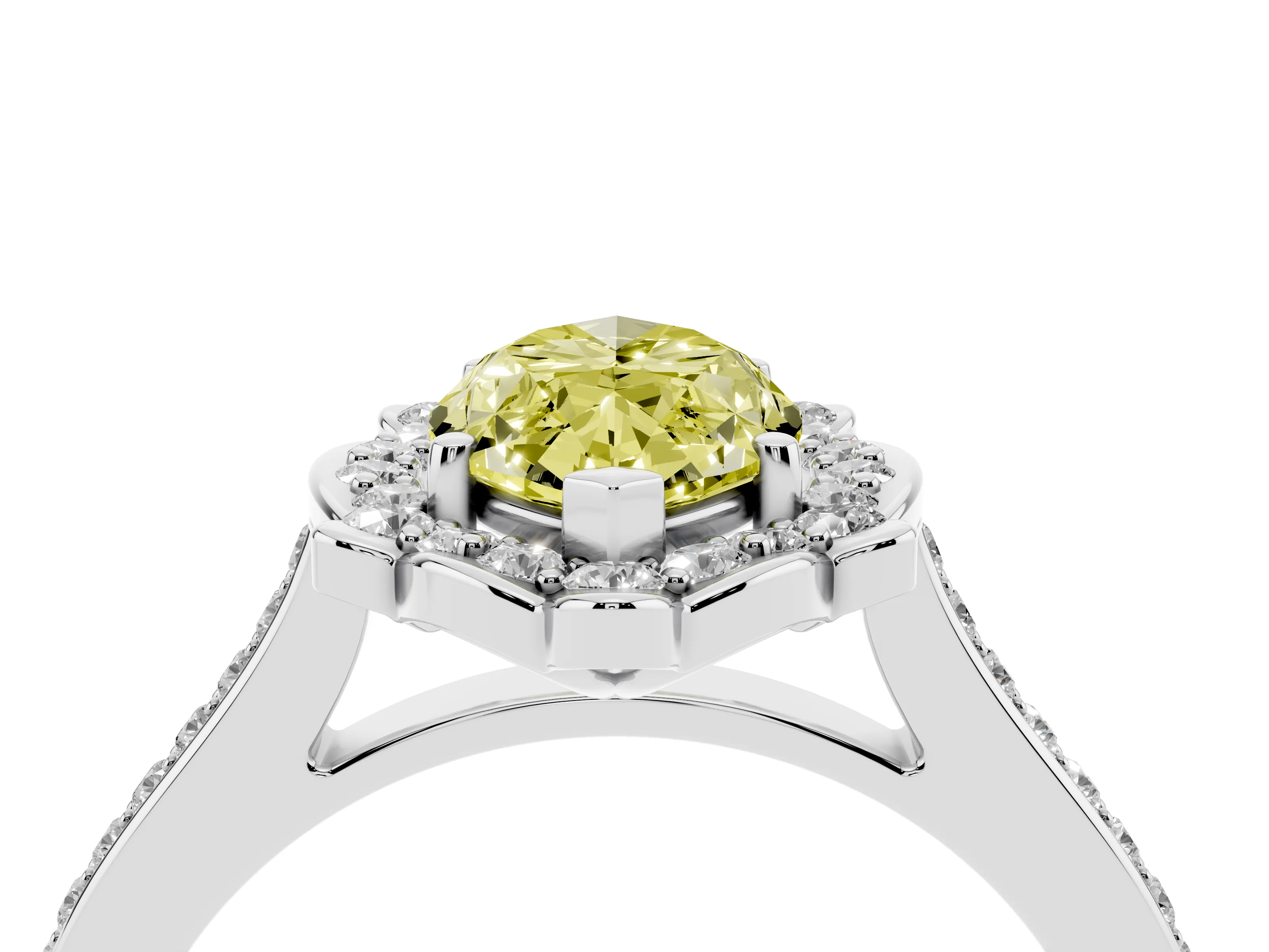 Fancy Yellow Marquise Cut Diamond Halo Ring Set in White gold with Pavé-Lined Shoulders and Prong Setting