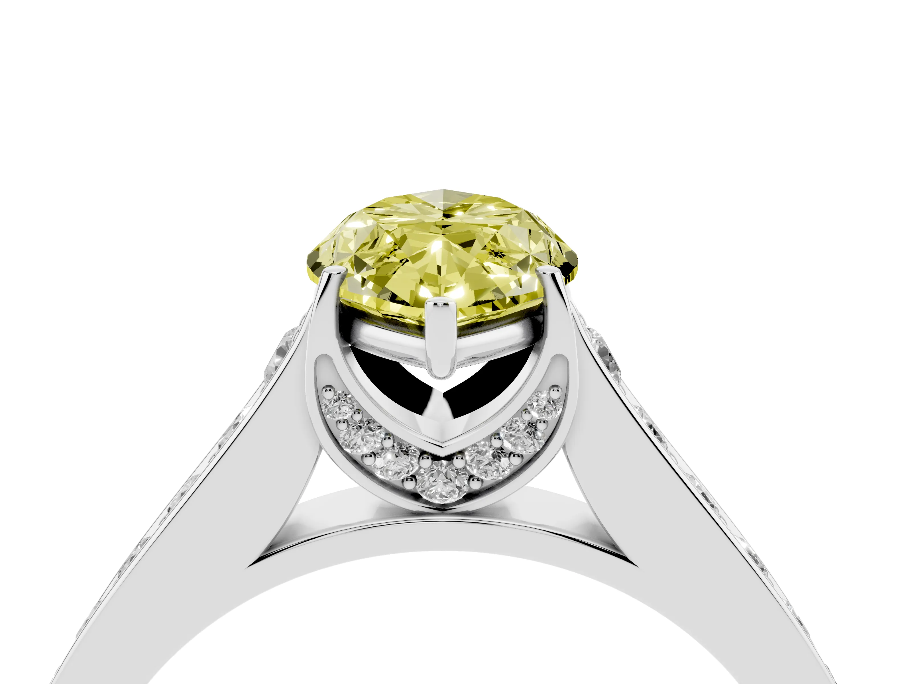 Fancy Yellow Marquise Cut Diamond Solitaire Pavé Engagement Ring Set in White gold with Prong Setting