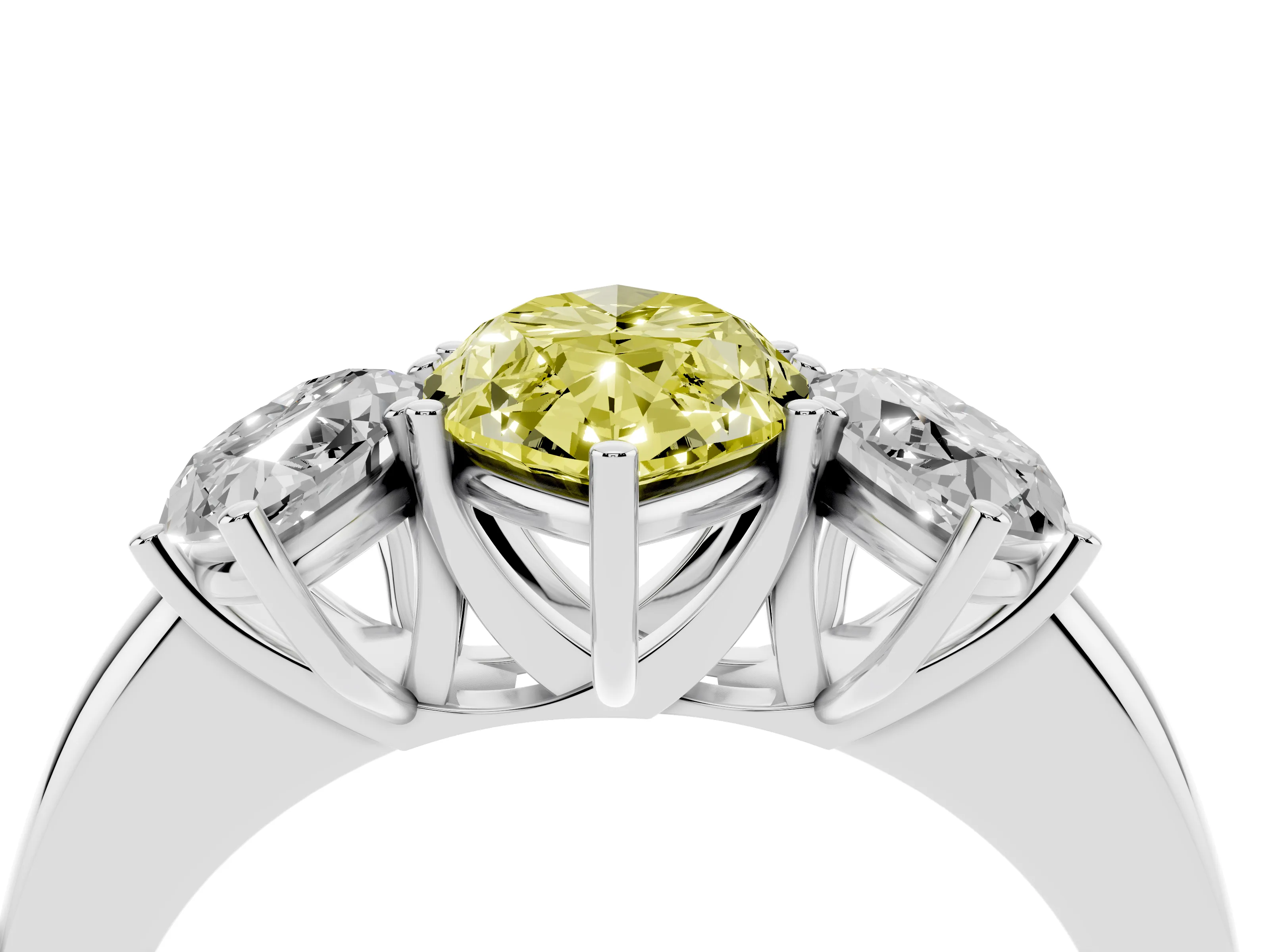 Fancy Yellow Marquise Cut Diamond Three-Stone Ring Set in White gold with Bold Center and Classic Band