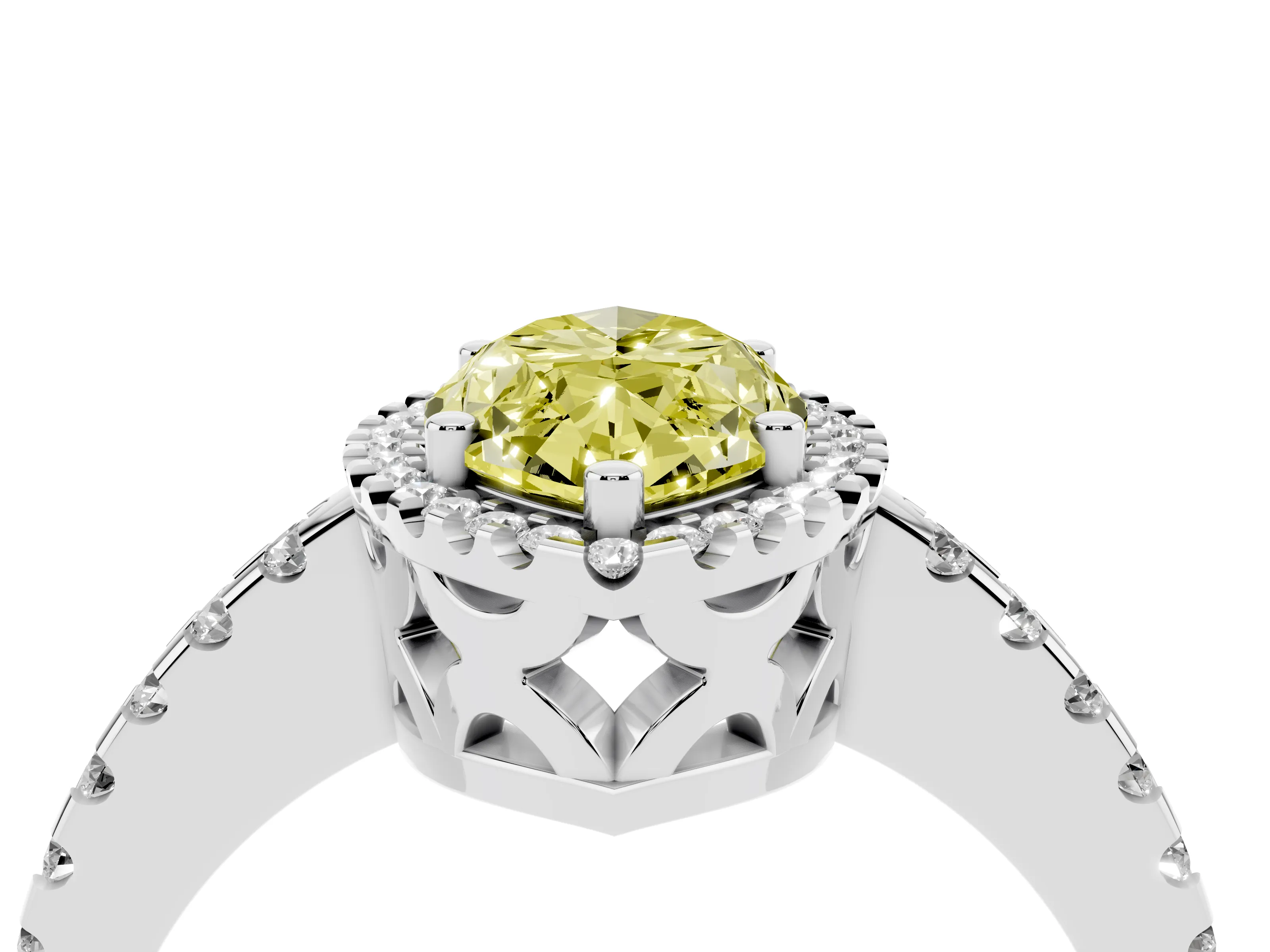 Fancy Yellow Marquise Cut Diamond Halo Ring Set in White gold with Pavé Shoulders and Halo-Framed Center