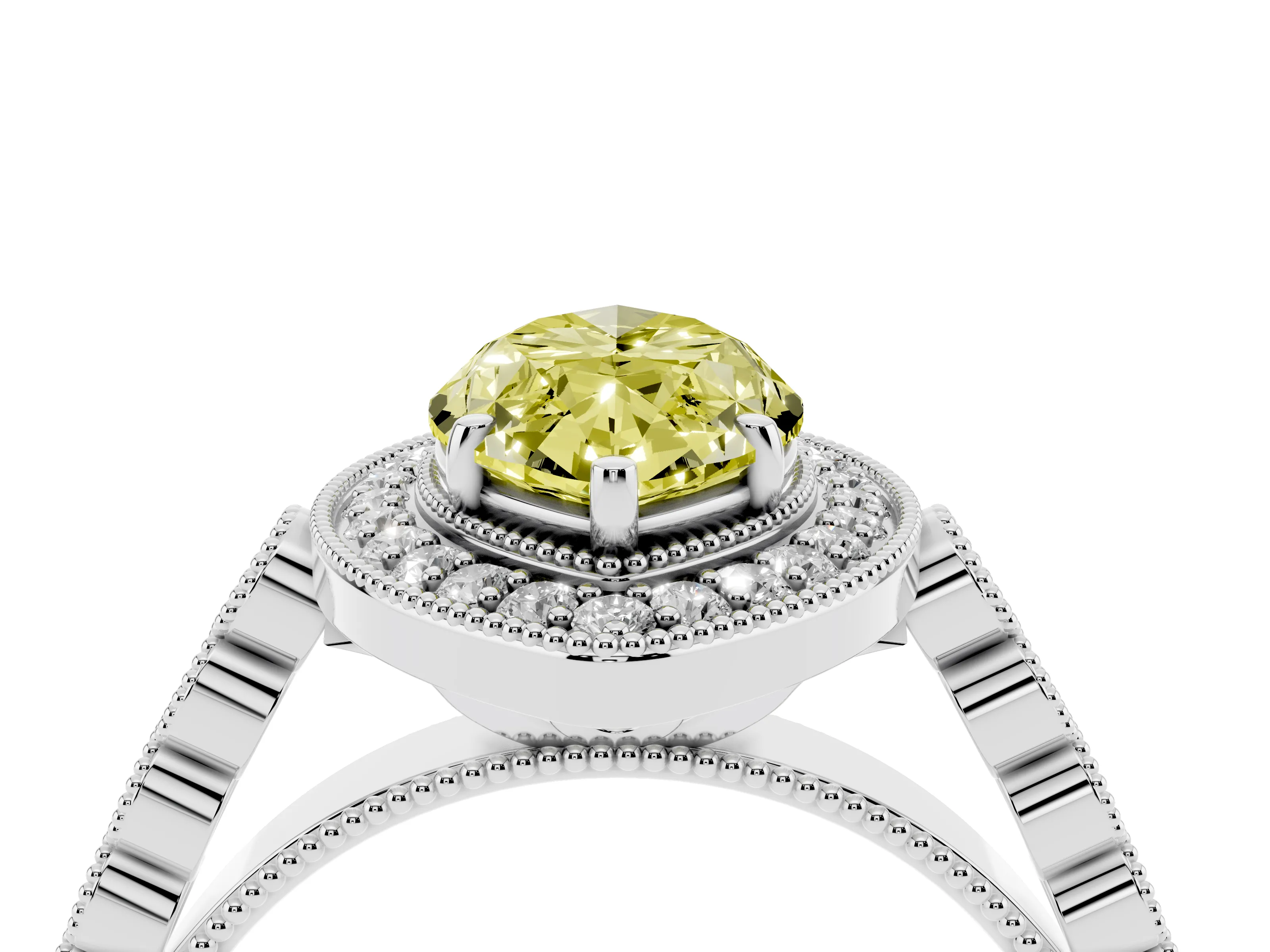 Fancy Yellow Marquise Cut Diamond Milgrain Halo Solitaire Ring Set in White gold with Bezel Set Side Stones and Pavé Band