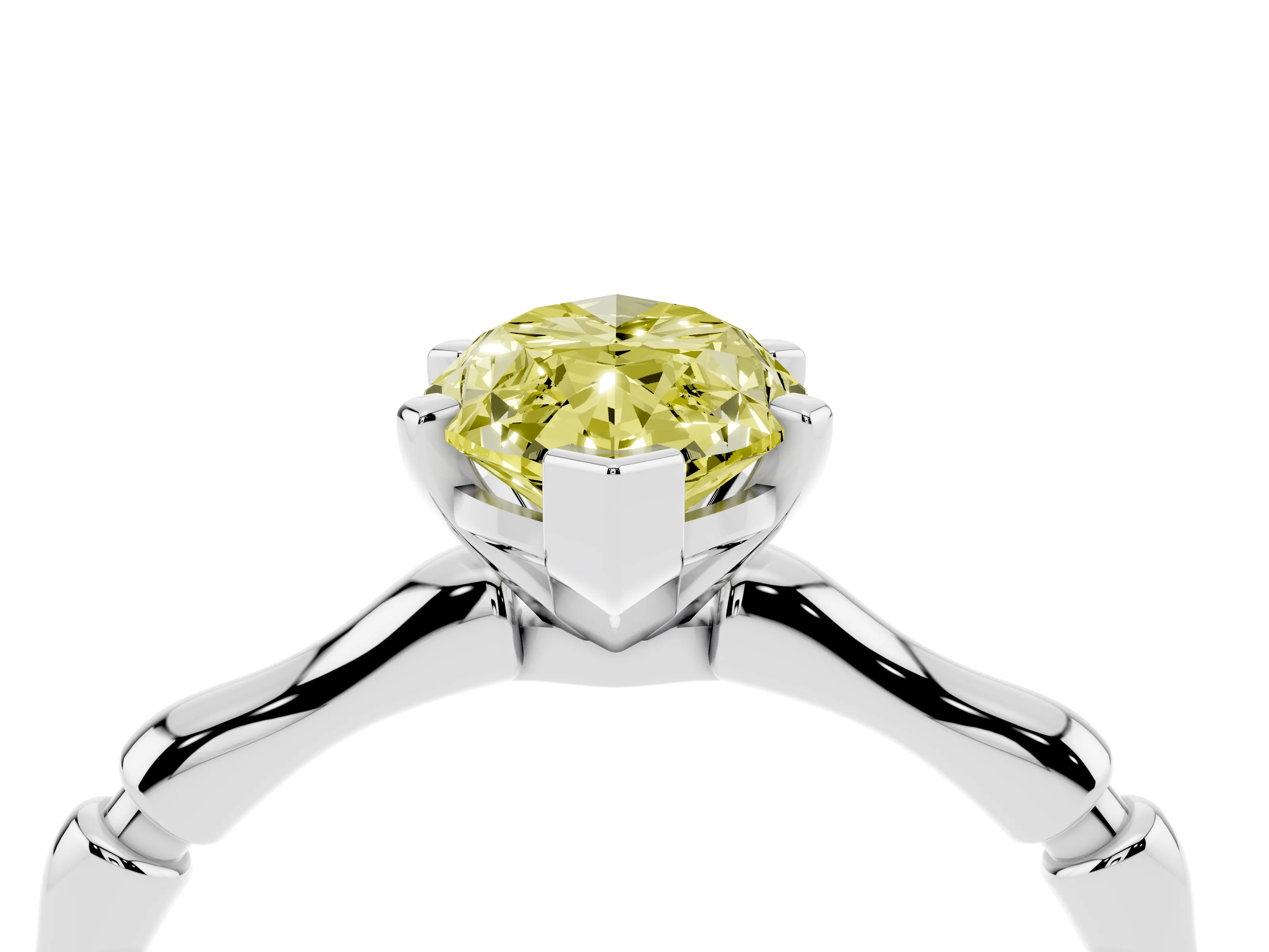Fancy Yellow Marquise Cut Diamond Solitaire Ring Set in Silver with Bamboo Band and Prong Setting