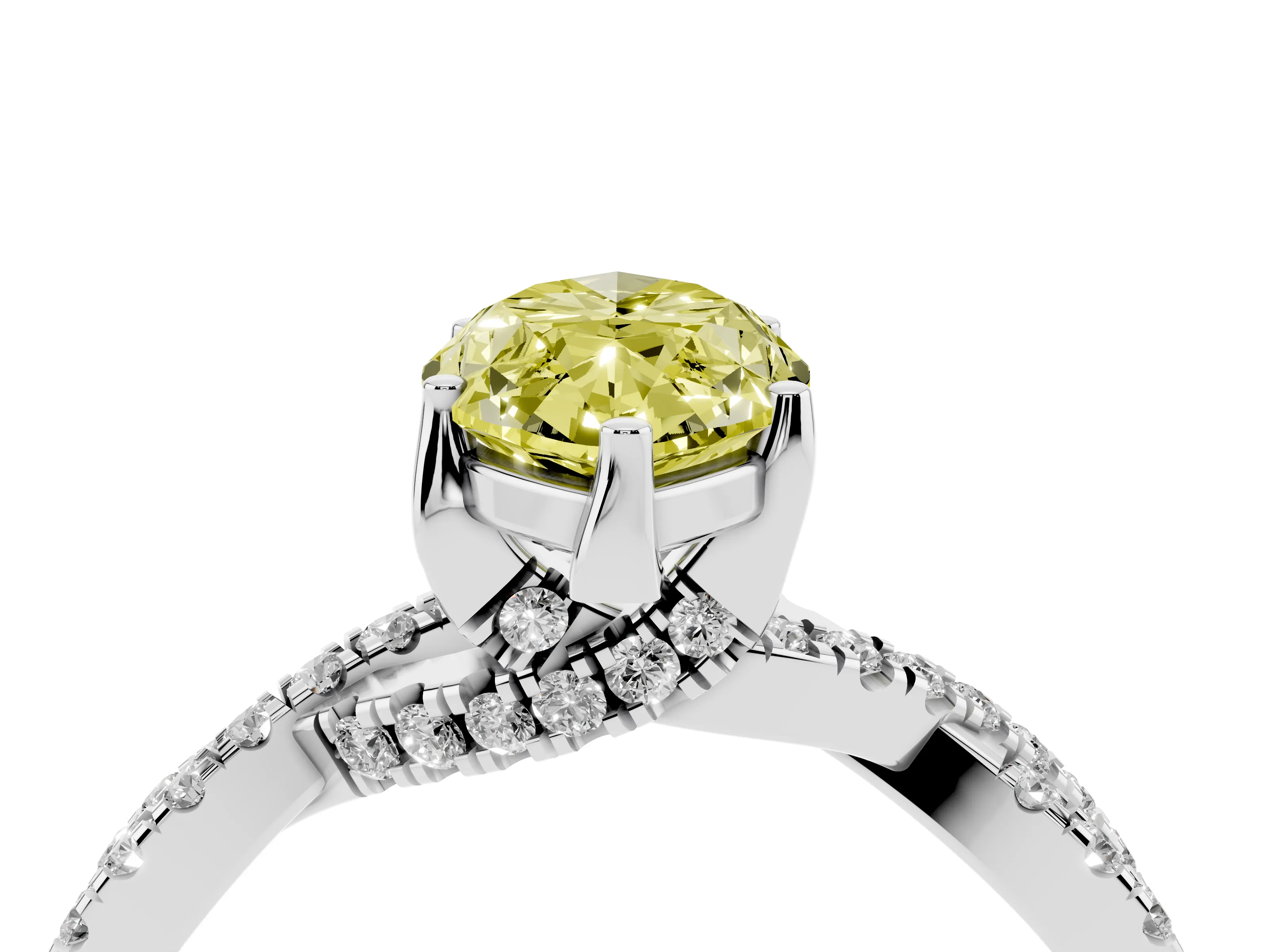 Fancy Yellow Marquise Cut Diamond Twist Pavé Solitaire Engagement Ring Set in White gold with Prong Setting