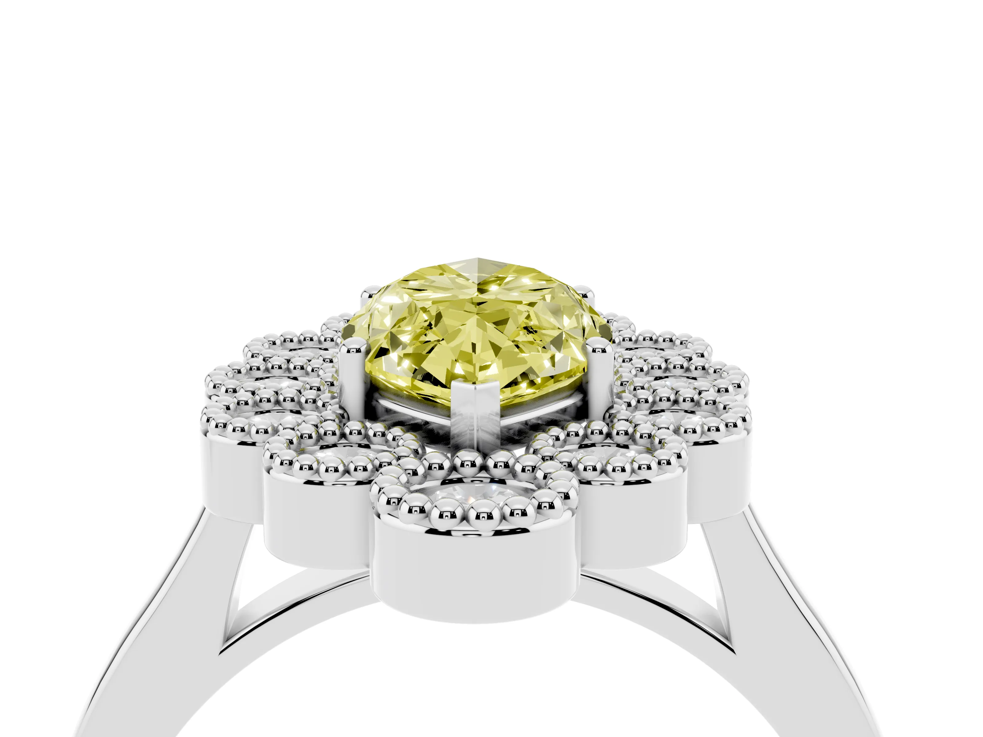 Fancy Yellow Marquise Cut Diamond Cluster Halo Ring Set in White gold with Milgrain Bezel Accents and Plain Band