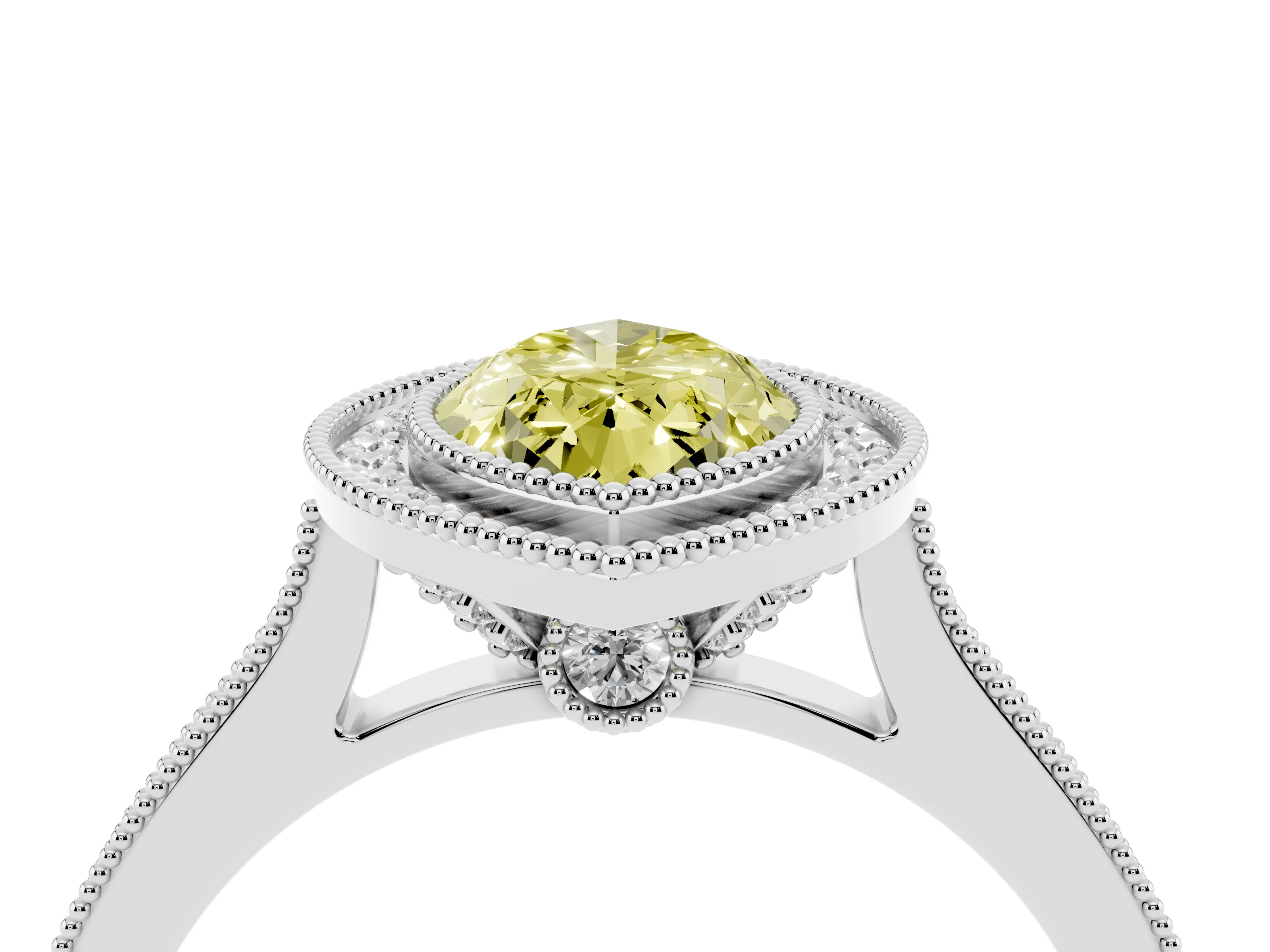 Fancy Yellow Marquise Cut Diamond Halo Milgrain Pavé Band Ring Set in Platinum with Prong Setting