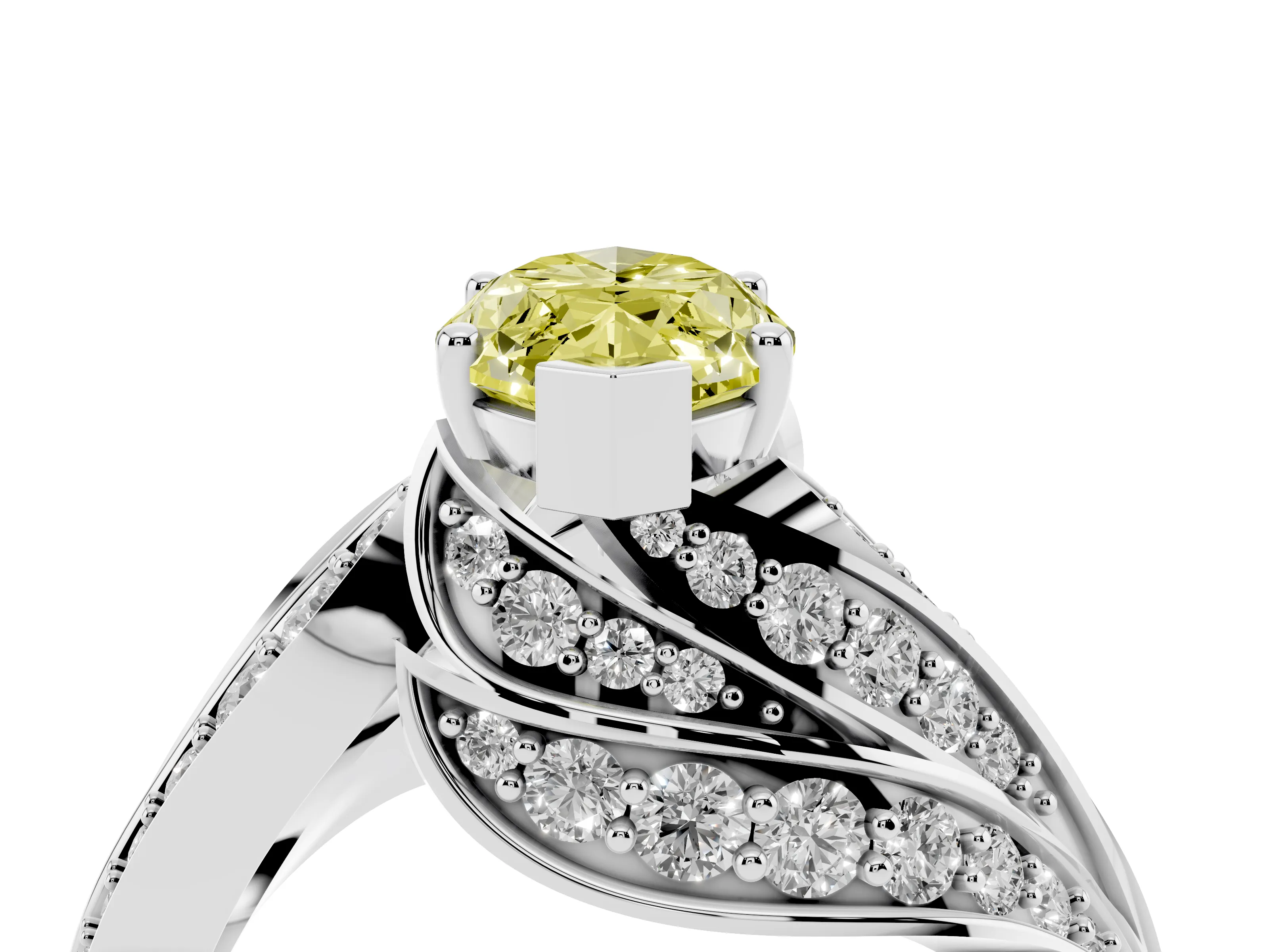 Fancy Yellow Marquise Cut Diamond Solitaire Ring Set in Platinum with Layered Twist Pavé Band