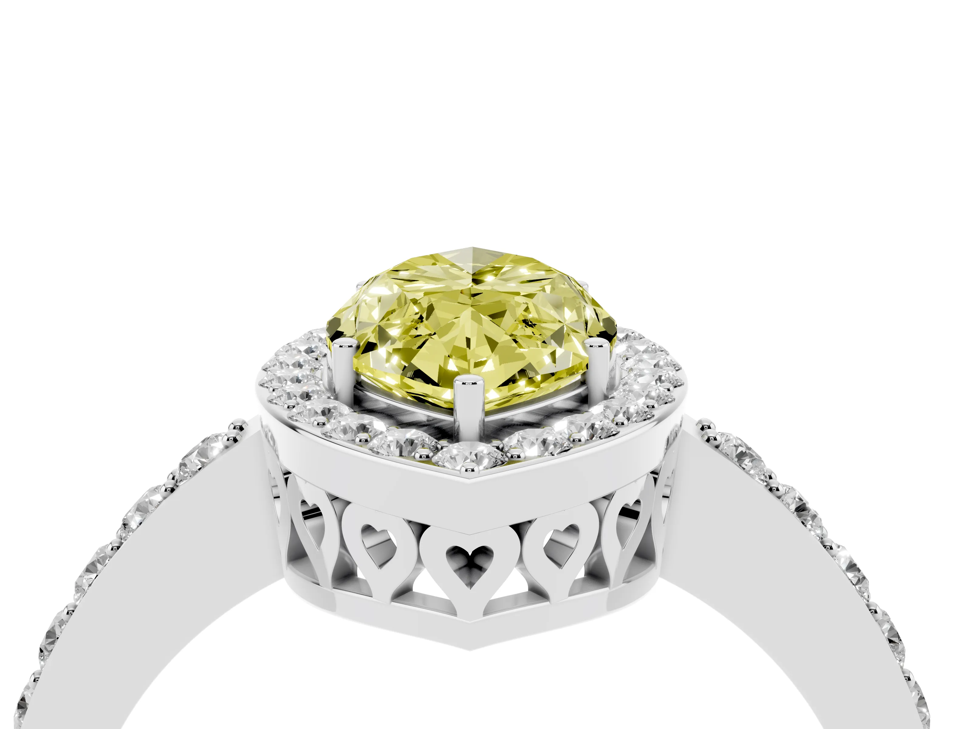 Fancy Yellow Marquise Cut Diamond Halo Ring Set in White gold with Pavé-Setting Band and Open Prong Center