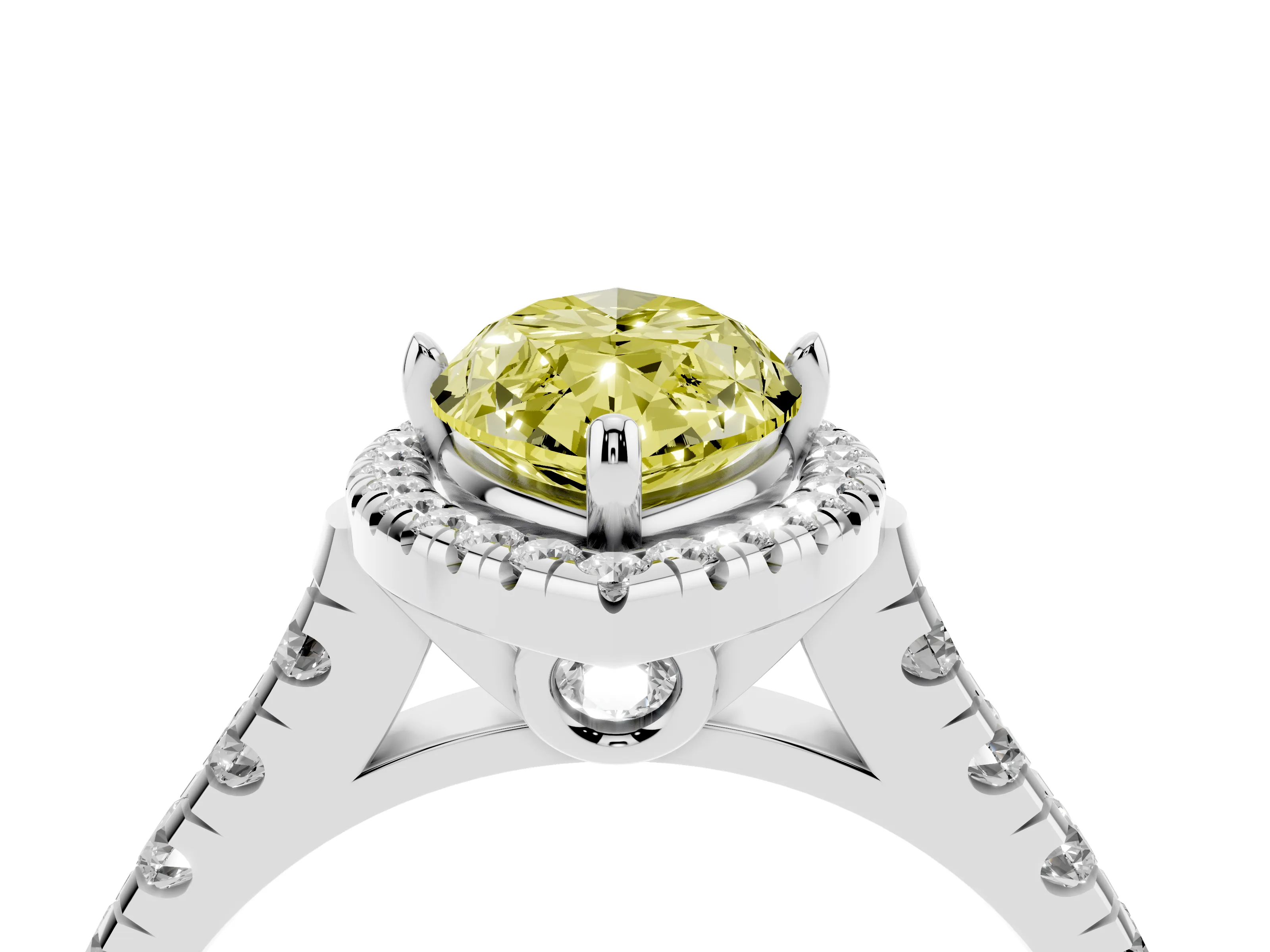 Fancy Yellow Marquise Cut Diamond Halo Engagement Ring Set in Platinum with Pavé Band and Prong-Set Center