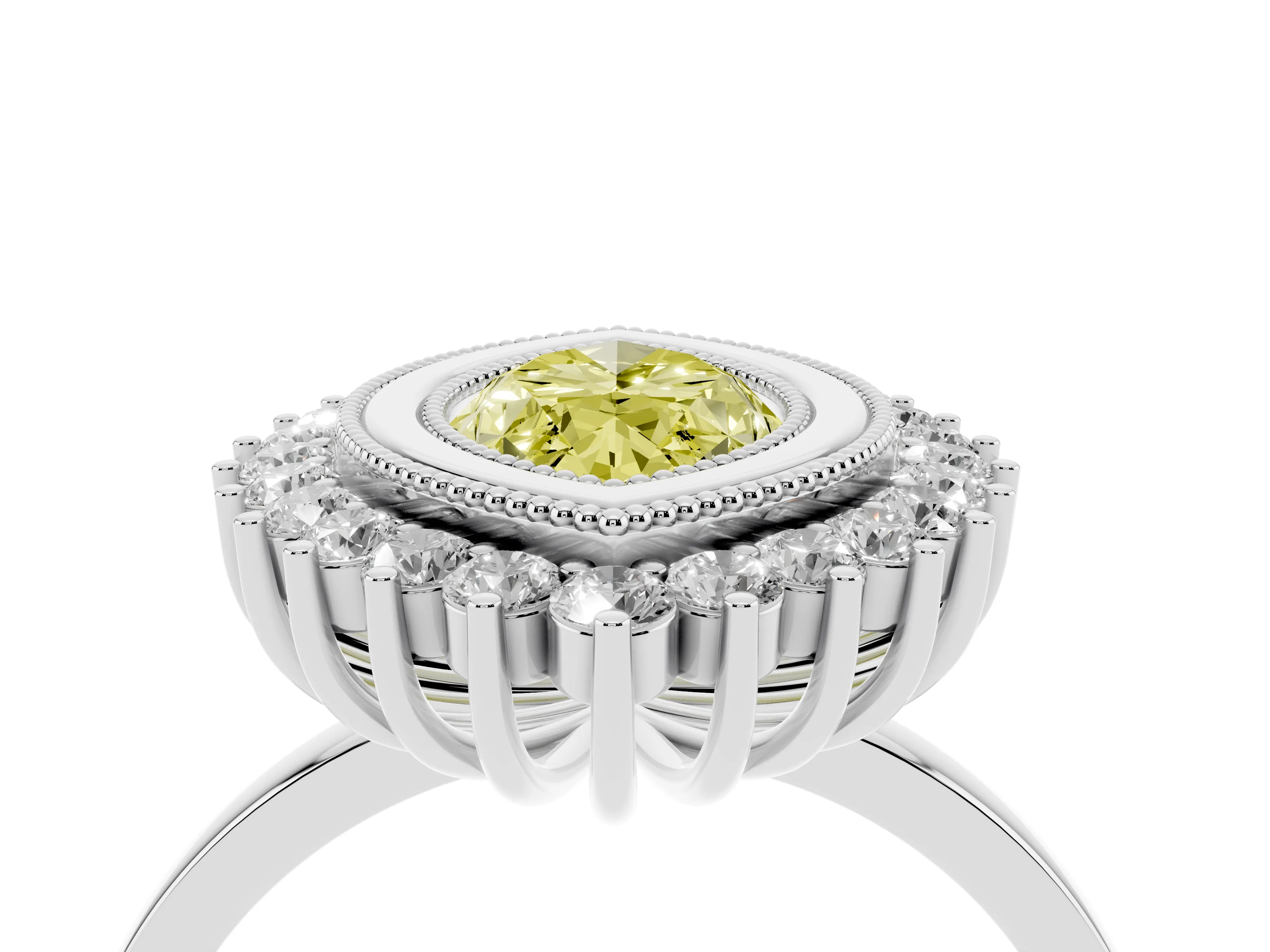 Fancy Yellow Marquise Cut Diamond Halo Ring Set in Platinum with Milgrain Edge and Round Prong Setting